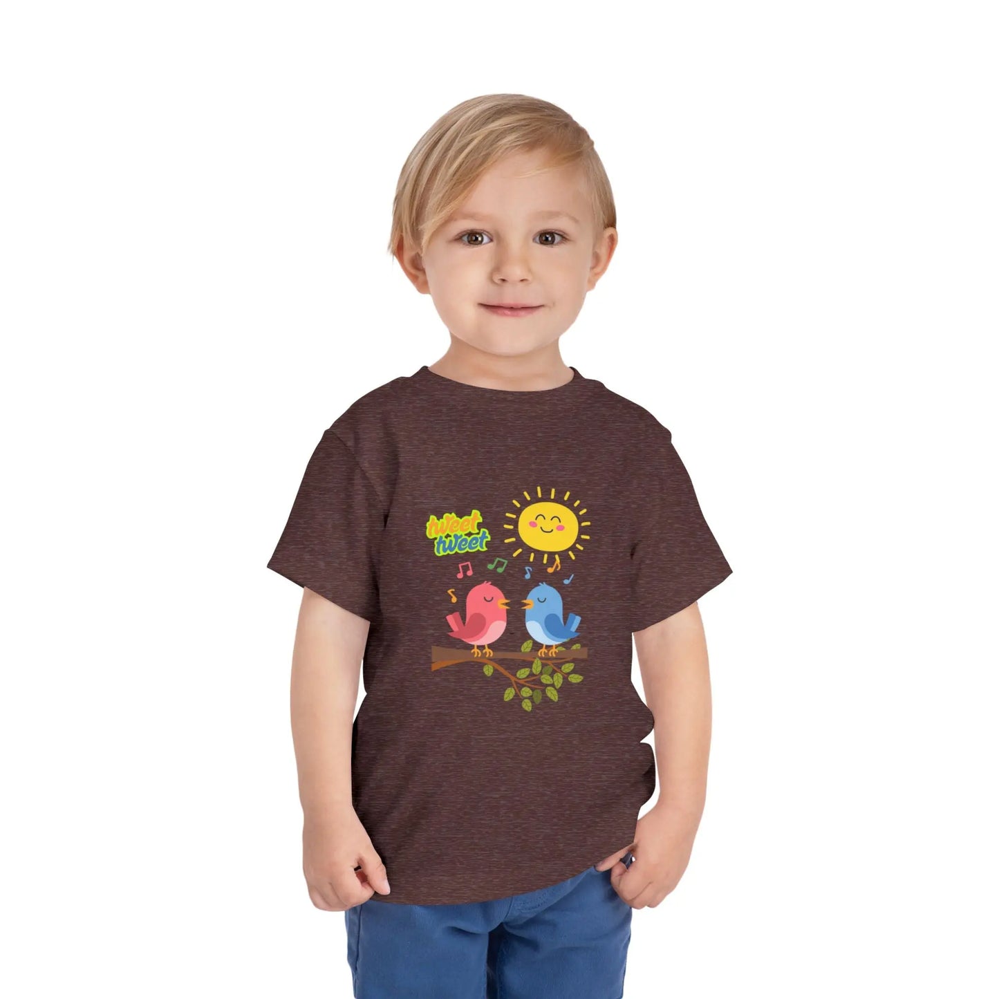 Soft, lightweight toddler tee with cheerful singing birds & sunny design. Tear-away label, sizes 2T–5T. Perfect for playful days & gifting. Heather Maroon