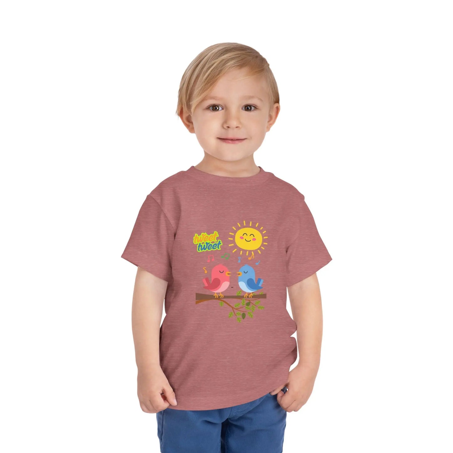  Soft, lightweight toddler tee with cheerful singing birds & sunny design. Tear-away label, sizes 2T–5T. Perfect for playful days & gifting. Heather Mauve