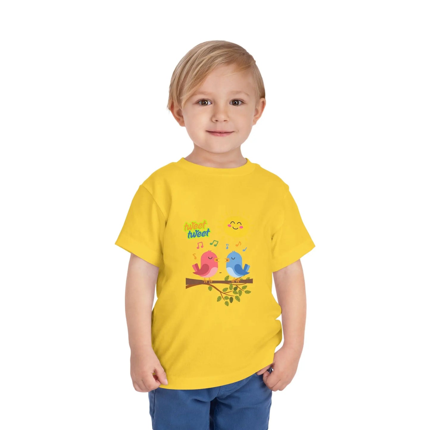  Soft, lightweight toddler tee with cheerful singing birds & sunny design. Tear-away label, sizes 2T–5T. Perfect for playful days & gifting. Heather Yellow Gold