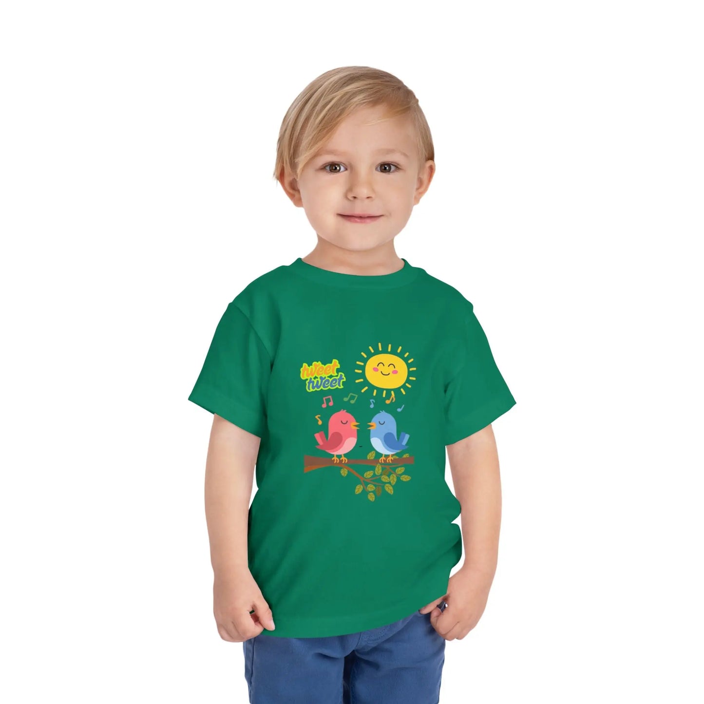  Soft, lightweight toddler tee with cheerful singing birds & sunny design. Tear-away label, sizes 2T–5T. Perfect for playful days & gifting. Kelly Green