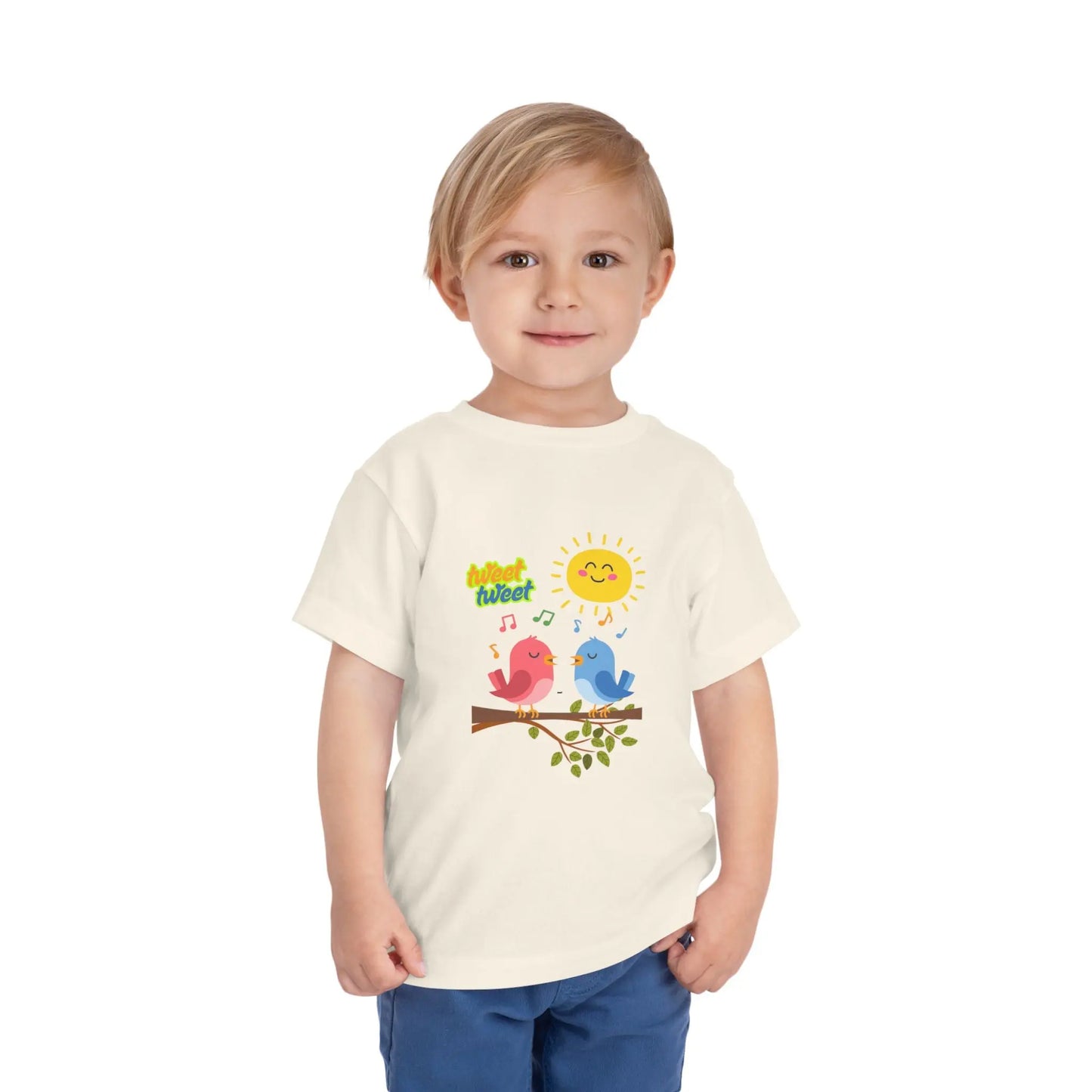 Soft, lightweight toddler tee with cheerful singing birds & sunny design. Tear-away label, sizes 2T–5T. Perfect for playful days & gifting. Natural