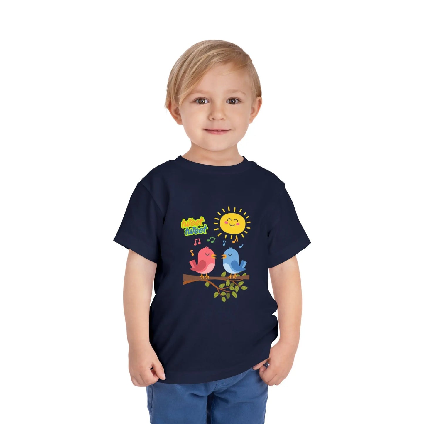  Soft, lightweight toddler tee with cheerful singing birds & sunny design. Tear-away label, sizes 2T–5T. Perfect for playful days & gifting. Navy