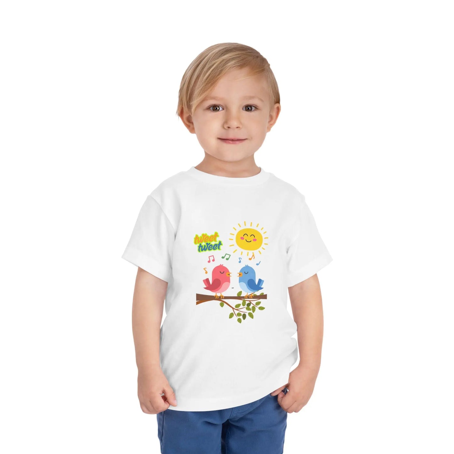  Soft, lightweight toddler tee with cheerful singing birds & sunny design. Tear-away label, sizes 2T–5T. Perfect for playful days & gifting. White