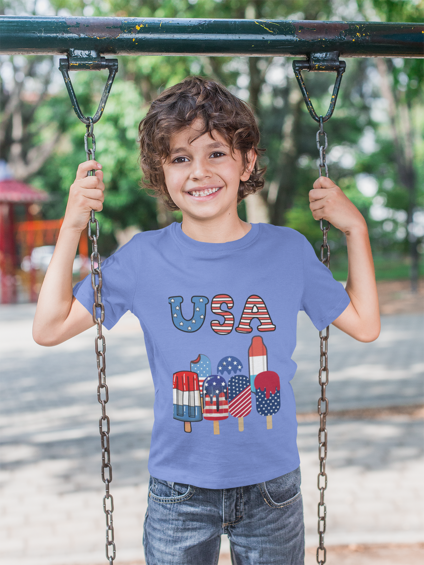 Fun patriotic popsicle tee for toddlers 2T–5T. Perfect for 4th of July celebrations, barbecues & parades. Soft, lightweight red, white & blue kids shirt.