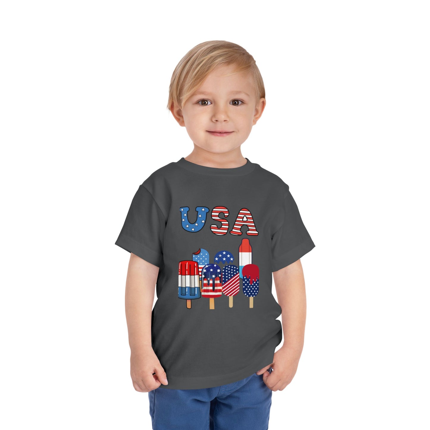 Fun patriotic popsicle tee for toddlers 2T–5T. Perfect for 4th of July celebrations, barbecues & parades. Soft, lightweight red, white & blue kids shirt. Asphalt