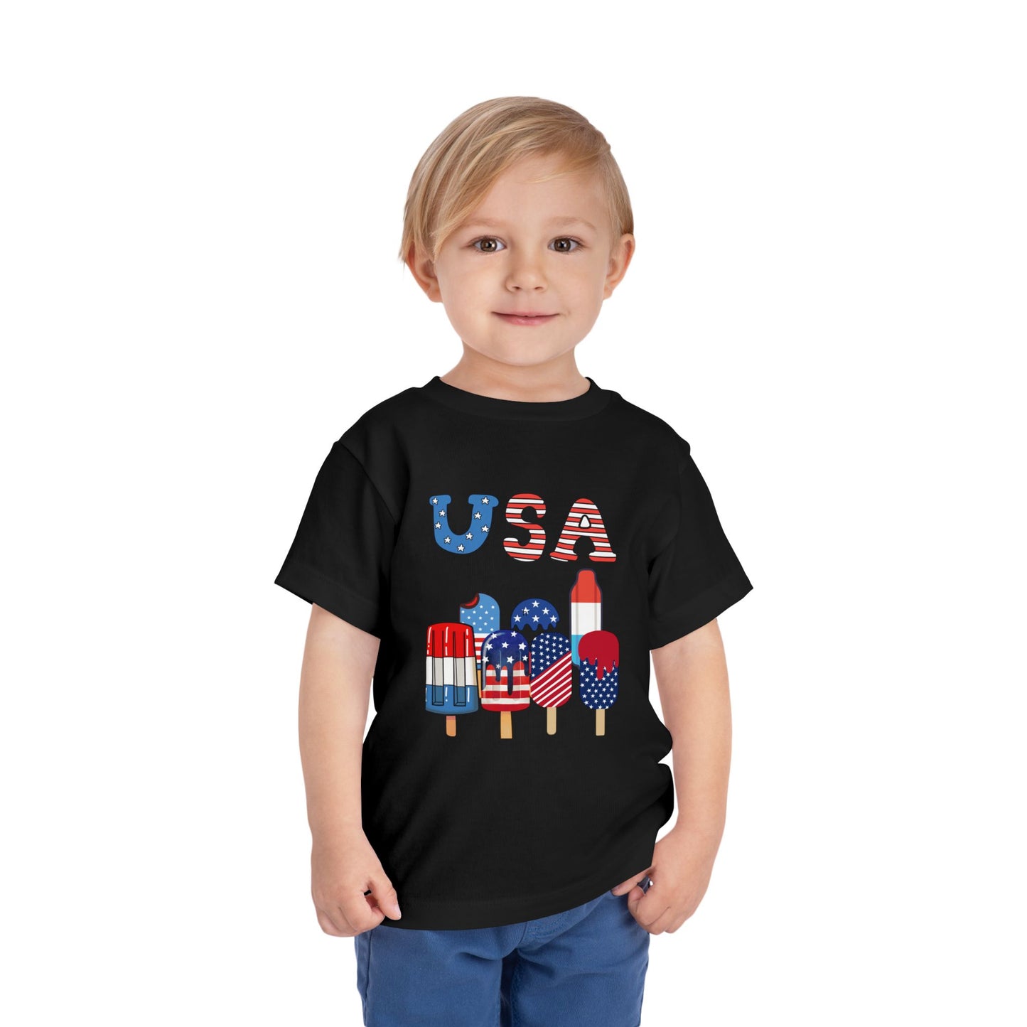 Fun patriotic popsicle tee for toddlers 2T–5T. Perfect for 4th of July celebrations, barbecues & parades. Soft, lightweight red, white & blue kids shirt. Black