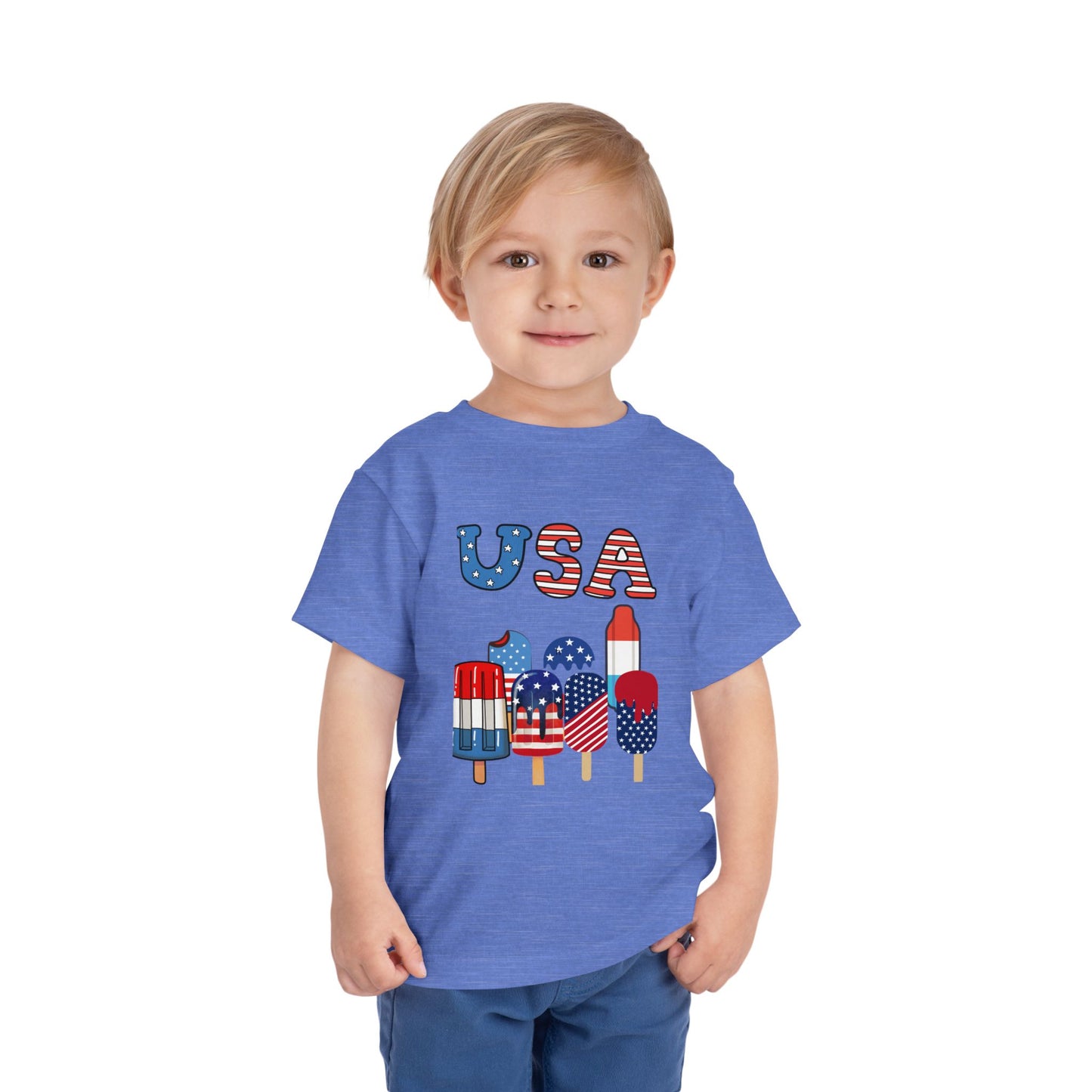 Fun patriotic popsicle tee for toddlers 2T–5T. Perfect for 4th of July celebrations, barbecues & parades. Soft, lightweight red, white & blue kids shirt. Heather Columbia Blue