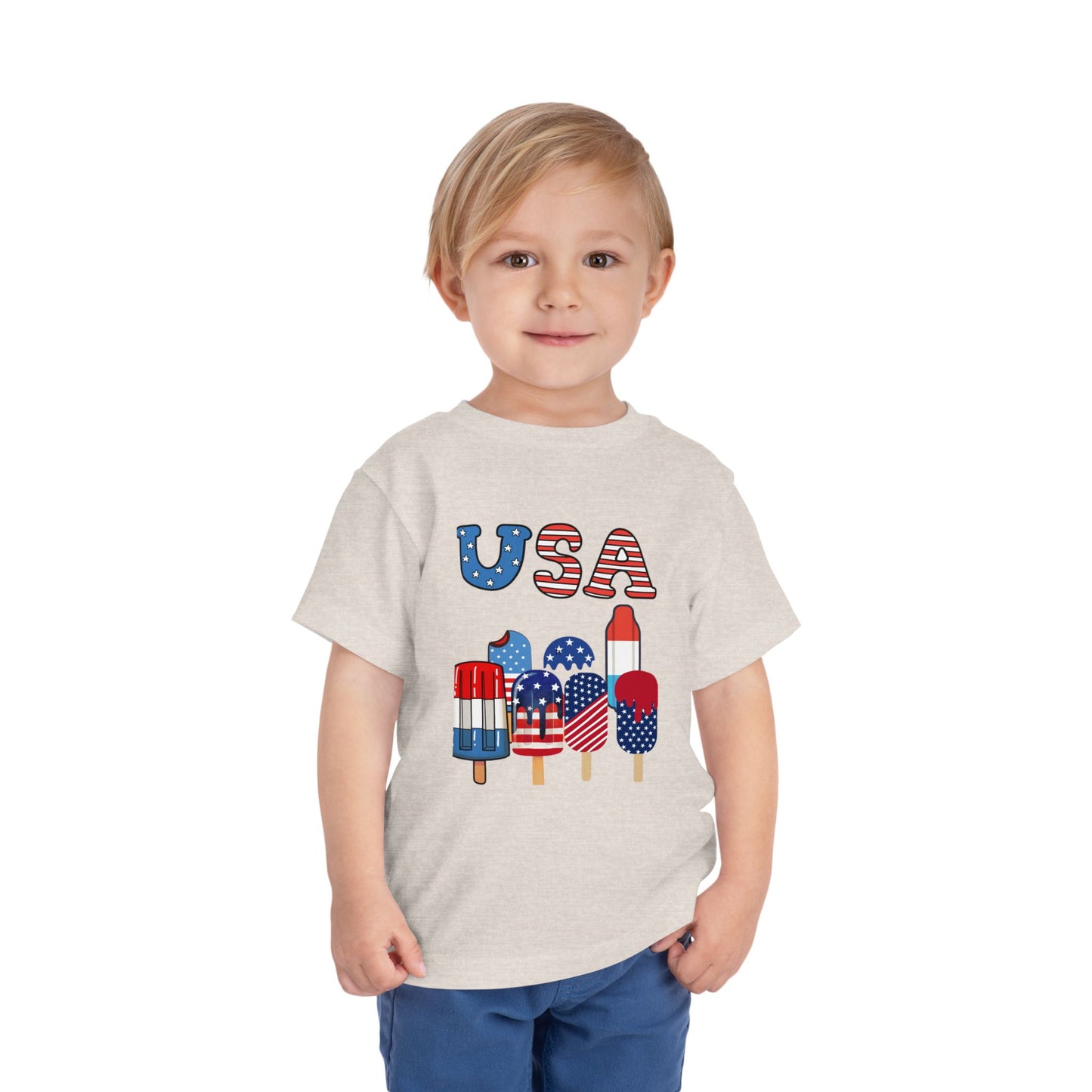 Fun patriotic popsicle tee for toddlers 2T–5T. Perfect for 4th of July celebrations, barbecues & parades. Soft, lightweight red, white & blue kids shirt. Heather Dust