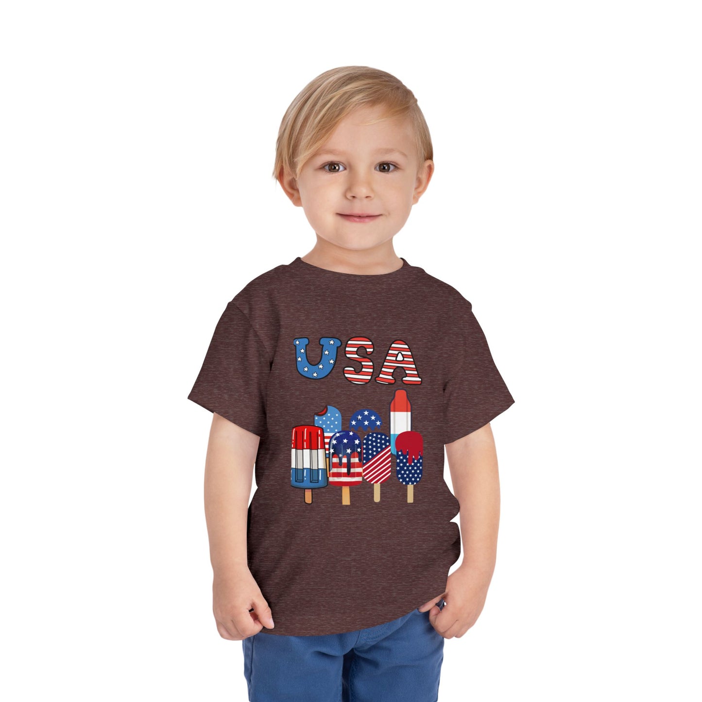 Fun patriotic popsicle tee for toddlers 2T–5T. Perfect for 4th of July celebrations, barbecues & parades. Soft, lightweight red, white & blue kids shirt. Heather Maroon