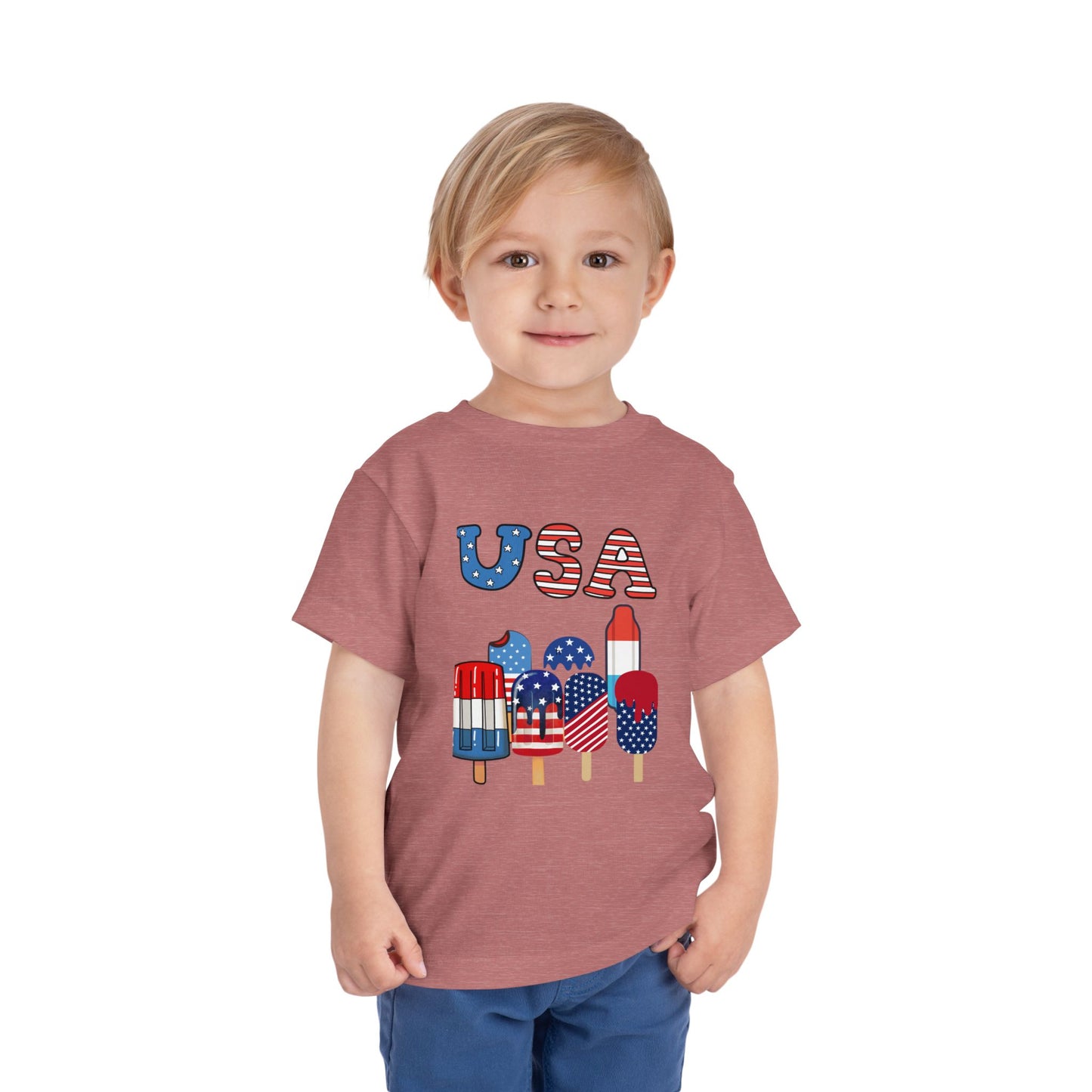 Fun patriotic popsicle tee for toddlers 2T–5T. Perfect for 4th of July celebrations, barbecues & parades. Soft, lightweight red, white & blue kids shirt. Heather Mauve