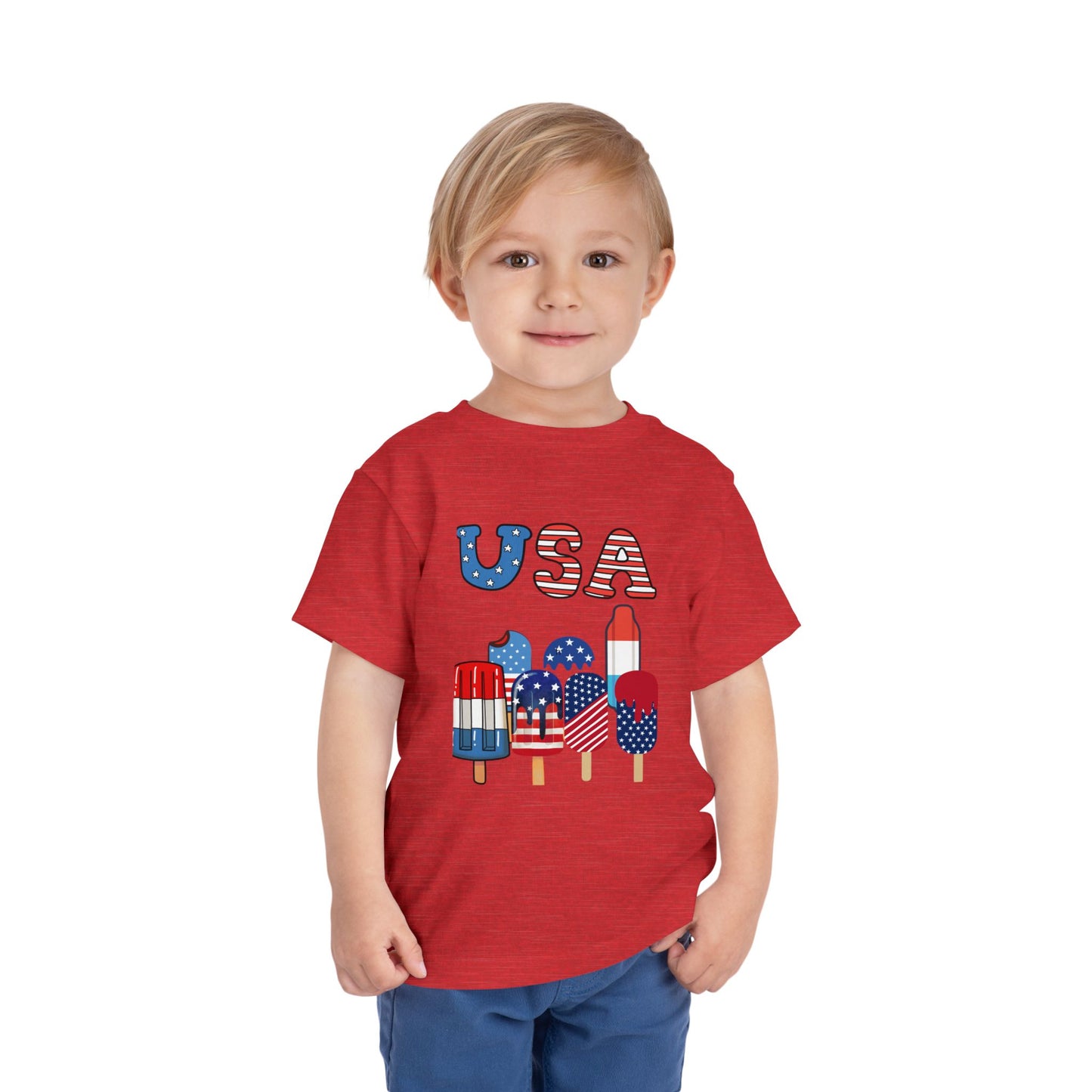 Fun patriotic popsicle tee for toddlers 2T–5T. Perfect for 4th of July celebrations, barbecues & parades. Soft, lightweight red, white & blue kids shirt. Heather Red