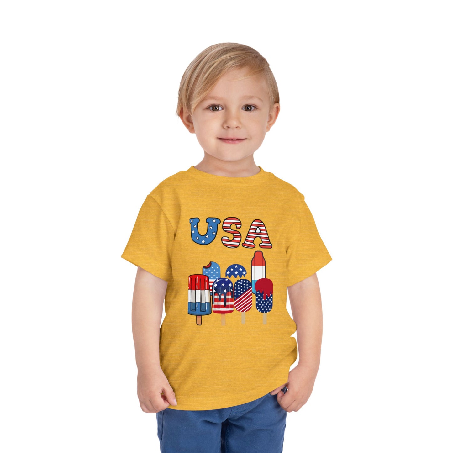 Fun patriotic popsicle tee for toddlers 2T–5T. Perfect for 4th of July celebrations, barbecues & parades. Soft, lightweight red, white & blue kids shirt. Heather Yellow Gold