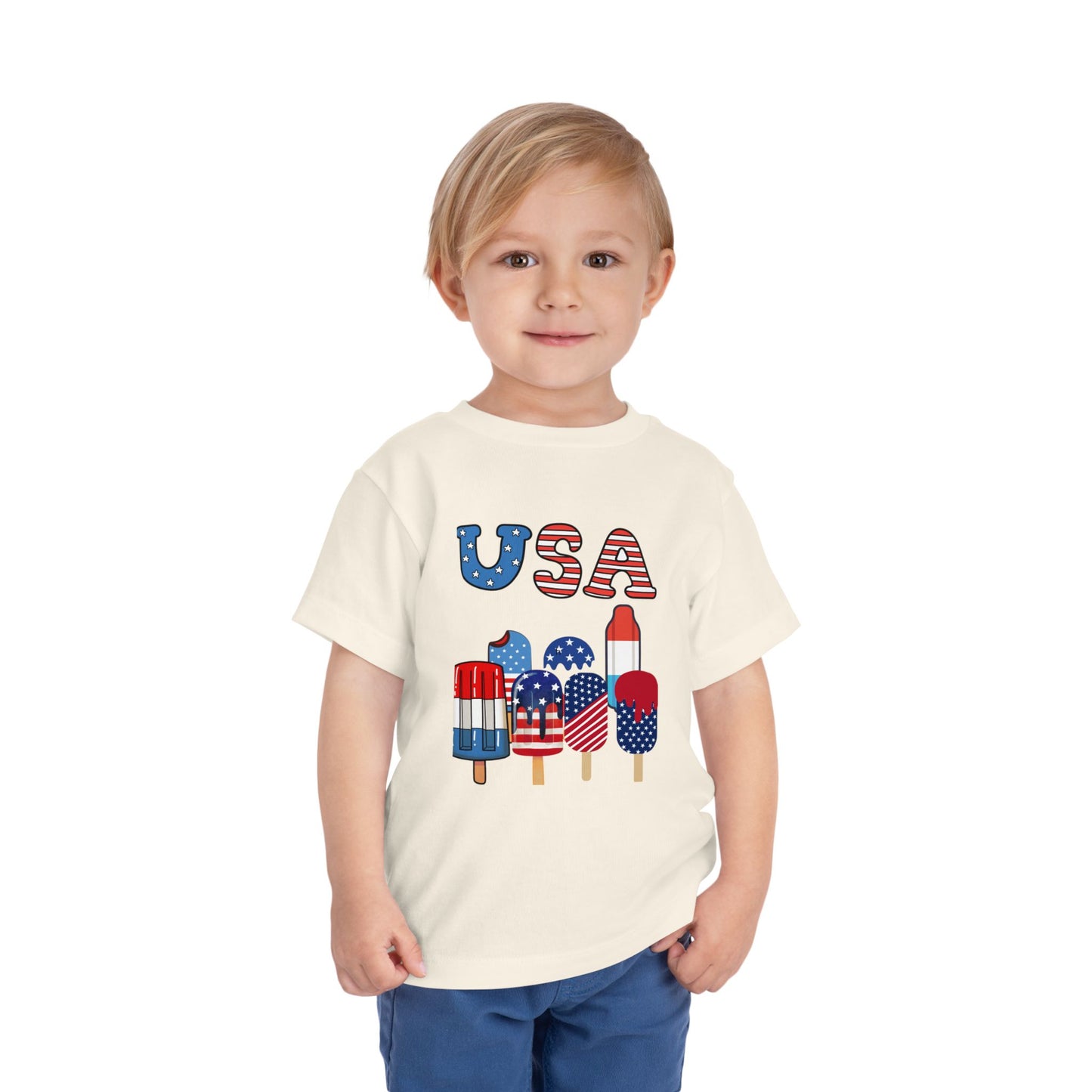 Fun patriotic popsicle tee for toddlers 2T–5T. Perfect for 4th of July celebrations, barbecues & parades. Soft, lightweight red, white & blue kids shirt. Natural