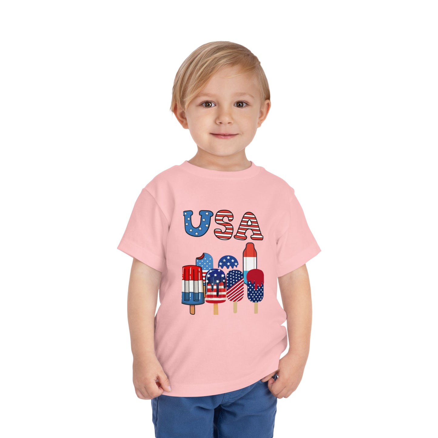 Fun patriotic popsicle tee for toddlers 2T–5T. Perfect for 4th of July celebrations, barbecues & parades. Soft, lightweight red, white & blue kids shirt. Pink
