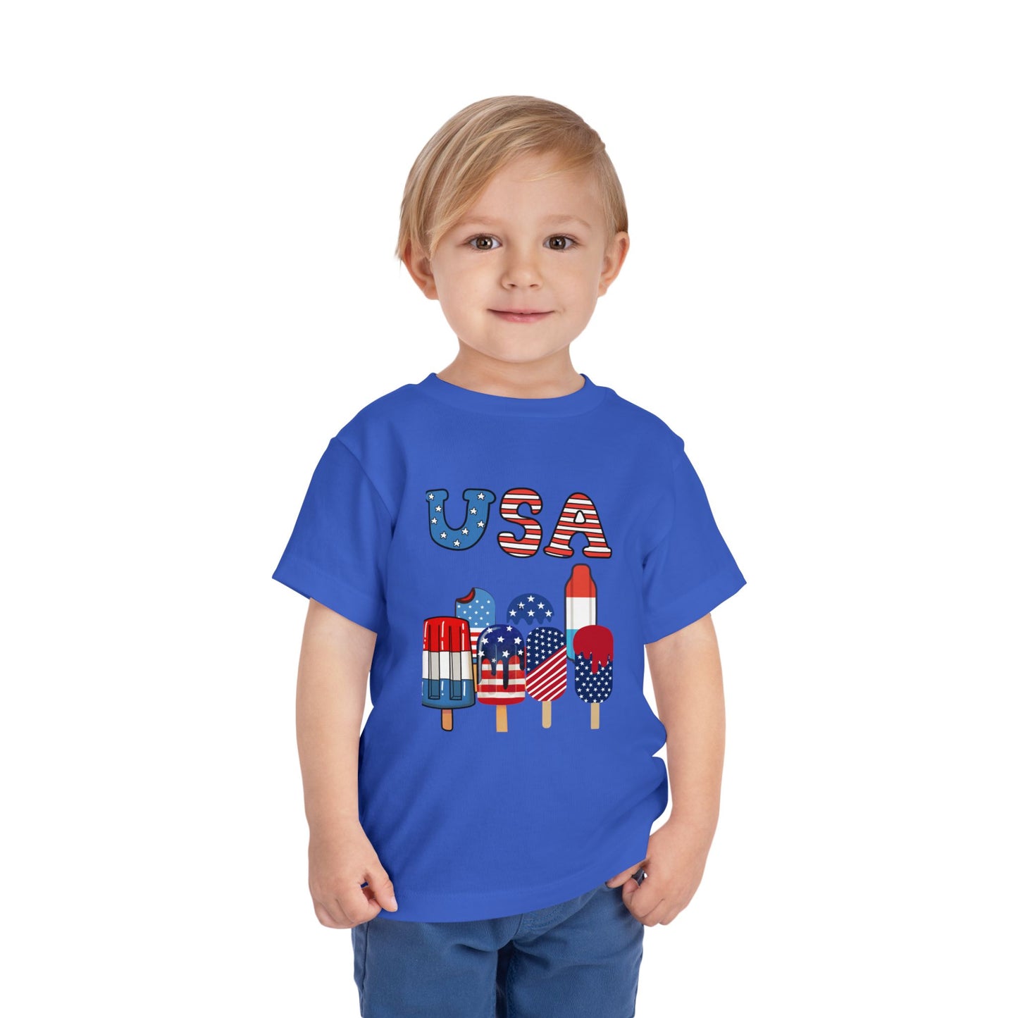 Fun patriotic popsicle tee for toddlers 2T–5T. Perfect for 4th of July celebrations, barbecues & parades. Soft, lightweight red, white & blue kids shirt. True Royal