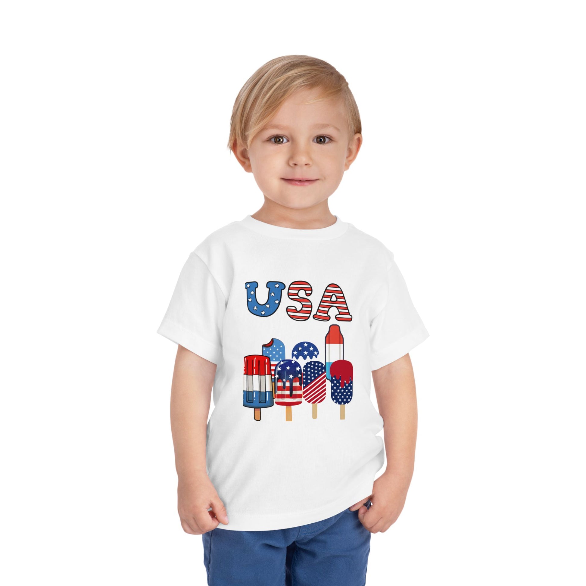 Fun patriotic popsicle tee for toddlers 2T–5T. Perfect for 4th of July celebrations, barbecues & parades. Soft, lightweight red, white & blue kids shirt. White