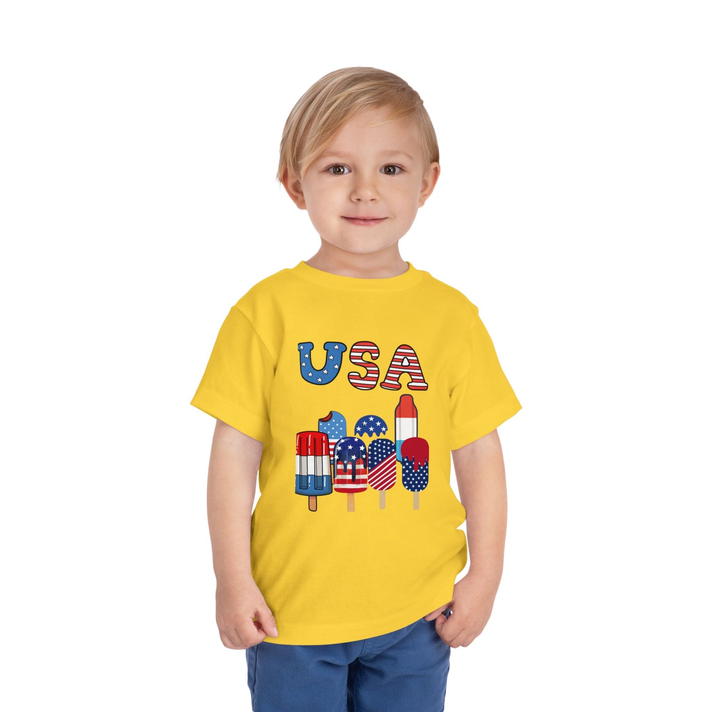 Fun patriotic popsicle tee for toddlers 2T–5T. Perfect for 4th of July celebrations, barbecues & parades. Soft, lightweight red, white & blue kids shirt. Yellow