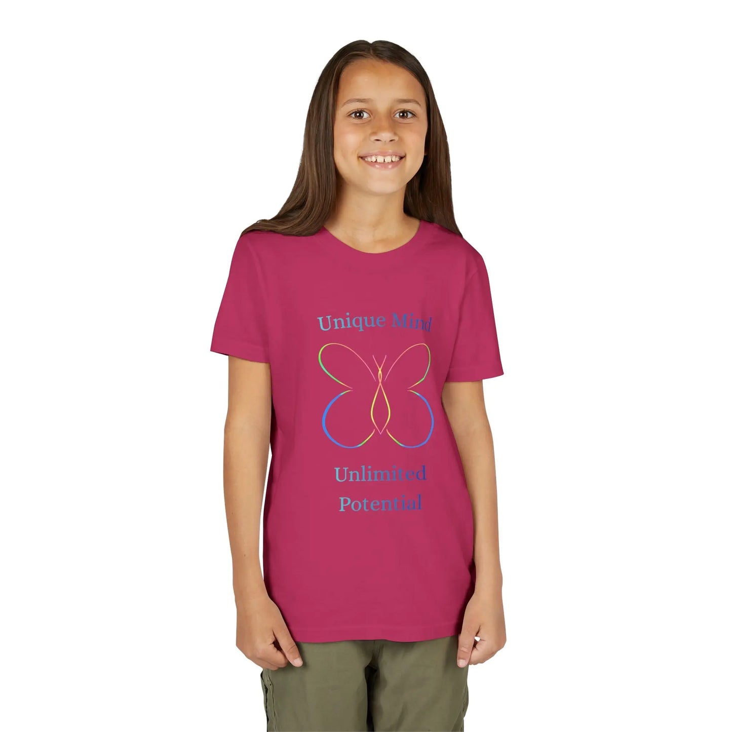 Celebrate neurodiversity with this pastel butterfly "Unique Mind, Unlimited Potential" youth tee — an uplifting autism awareness kids shirt perfect for everyday wear. Berry