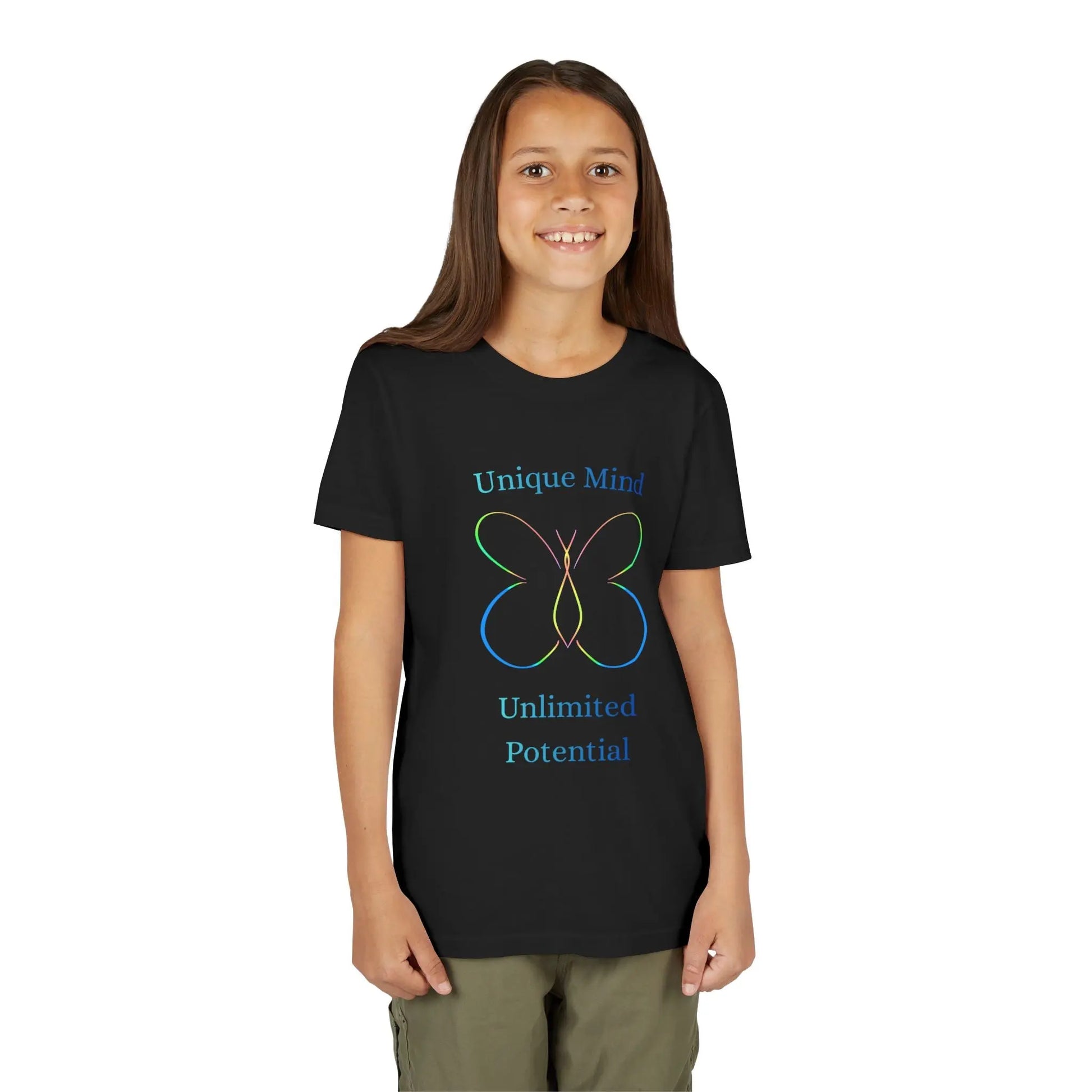 Celebrate neurodiversity with this pastel butterfly "Unique Mind, Unlimited Potential" youth tee — an uplifting autism awareness kids shirt perfect for everyday wear. Black