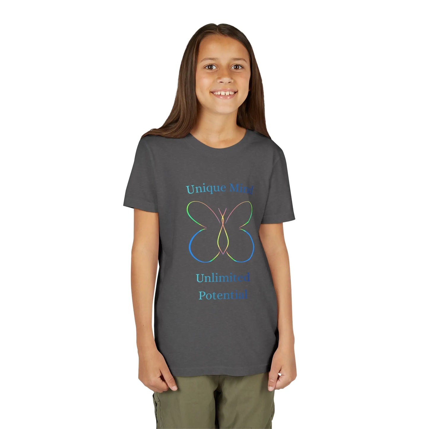 Celebrate neurodiversity with this pastel butterfly "Unique Mind, Unlimited Potential" youth tee — an uplifting autism awareness kids shirt perfect for everyday wear. Dark Heather Gray