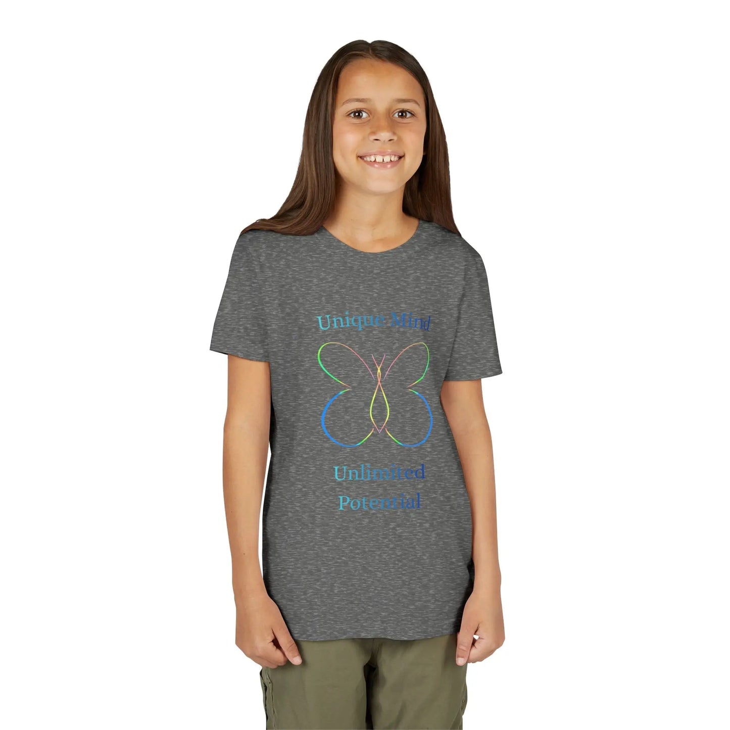 Celebrate neurodiversity with this pastel butterfly "Unique Mind, Unlimited Potential" youth tee — an uplifting autism awareness kids shirt perfect for everyday wear. Deep Heather