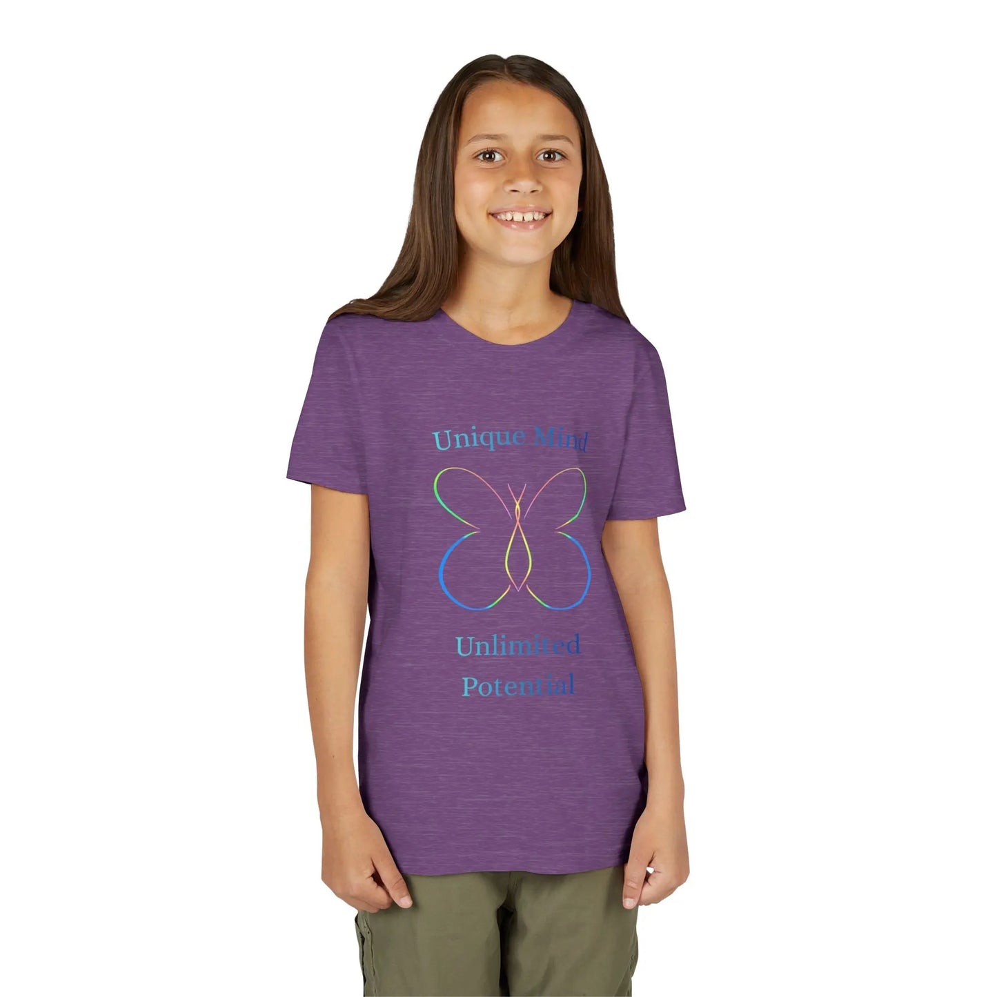 Celebrate neurodiversity with this pastel butterfly "Unique Mind, Unlimited Potential" youth tee — an uplifting autism awareness kids shirt perfect for everyday wear. Heather Team Purple