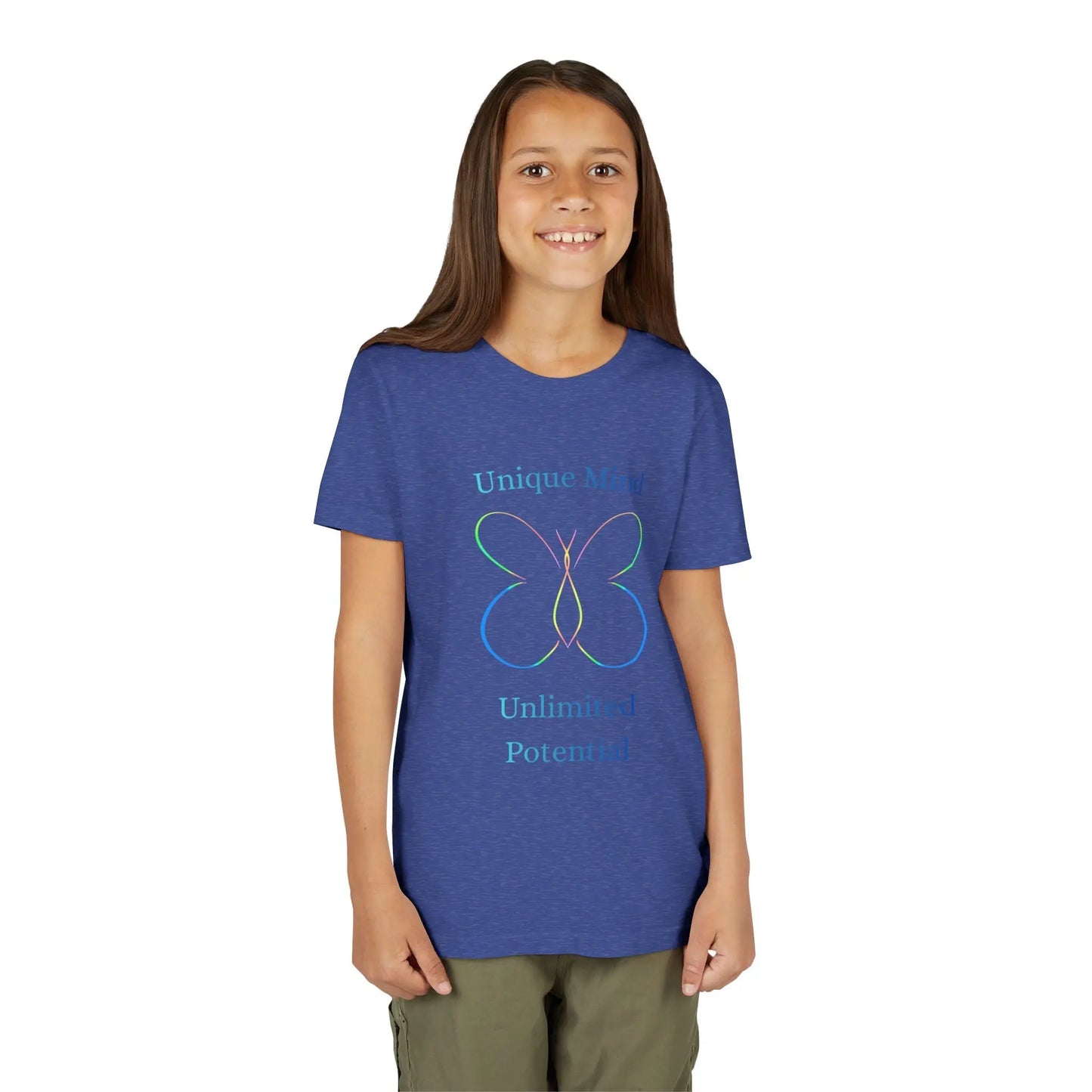 Celebrate neurodiversity with this pastel butterfly "Unique Mind, Unlimited Potential" youth tee — an uplifting autism awareness kids shirt perfect for everyday wear. Heather True Royal
