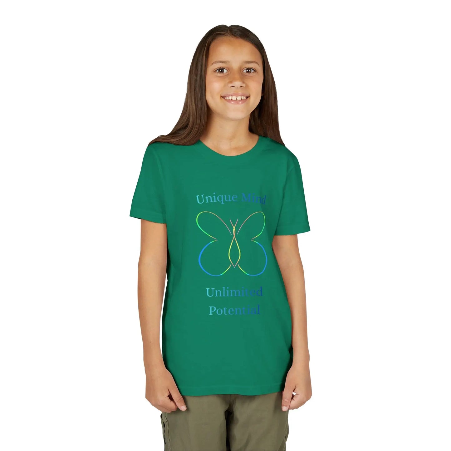 Celebrate neurodiversity with this pastel butterfly "Unique Mind, Unlimited Potential" youth tee — an uplifting autism awareness kids shirt perfect for everyday wear. Kelly Green