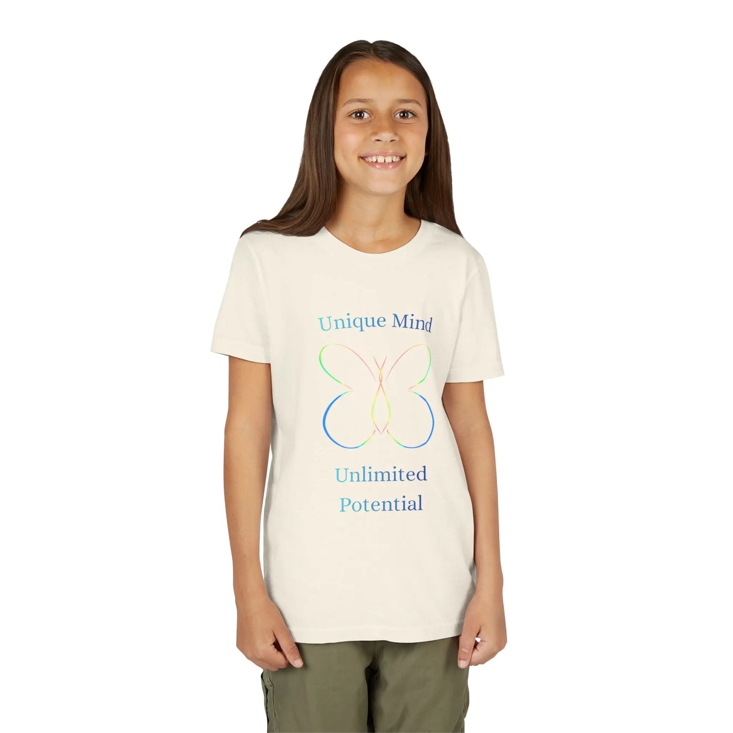 Celebrate neurodiversity with this pastel butterfly "Unique Mind, Unlimited Potential" youth tee — an uplifting autism awareness kids shirt perfect for everyday wear. Natural 