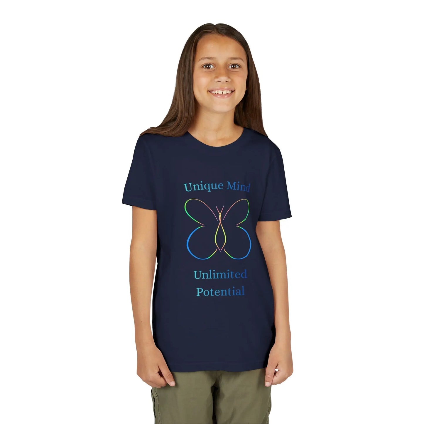 Celebrate neurodiversity with this pastel butterfly "Unique Mind, Unlimited Potential" youth tee — an uplifting autism awareness kids shirt perfect for everyday wear.  Navy