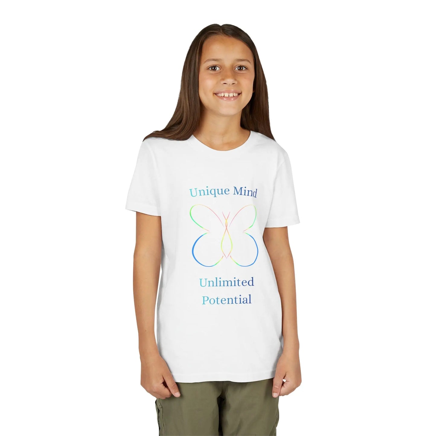 Celebrate neurodiversity with this pastel butterfly "Unique Mind, Unlimited Potential" youth tee — an uplifting autism awareness kids shirt perfect for everyday wear. White