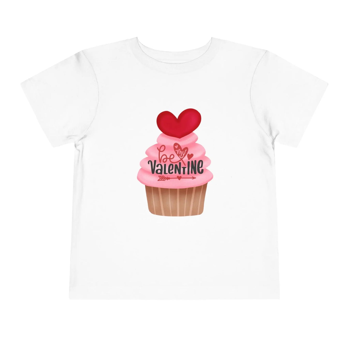 Soft cotton toddler tee with rosy cupcake and heart topper. Perfect for Valentine's Day celebrations and spreading love. Sizes 2T-5T.
White