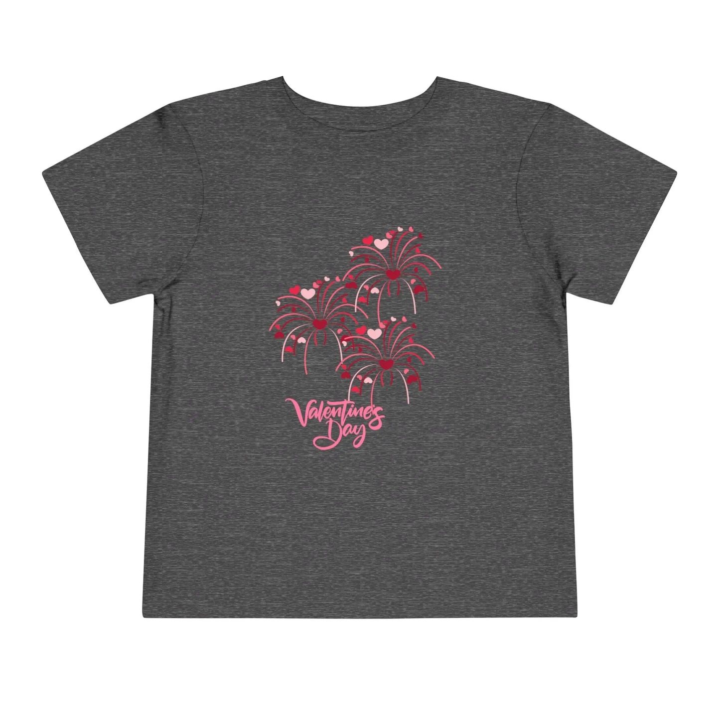 Soft cotton toddler tee with pink and red heart-firing flowers and Happy Valentine's Day badge. Perfect for Valentine's celebrations. Sizes 2T-5T. Dark Grey heather