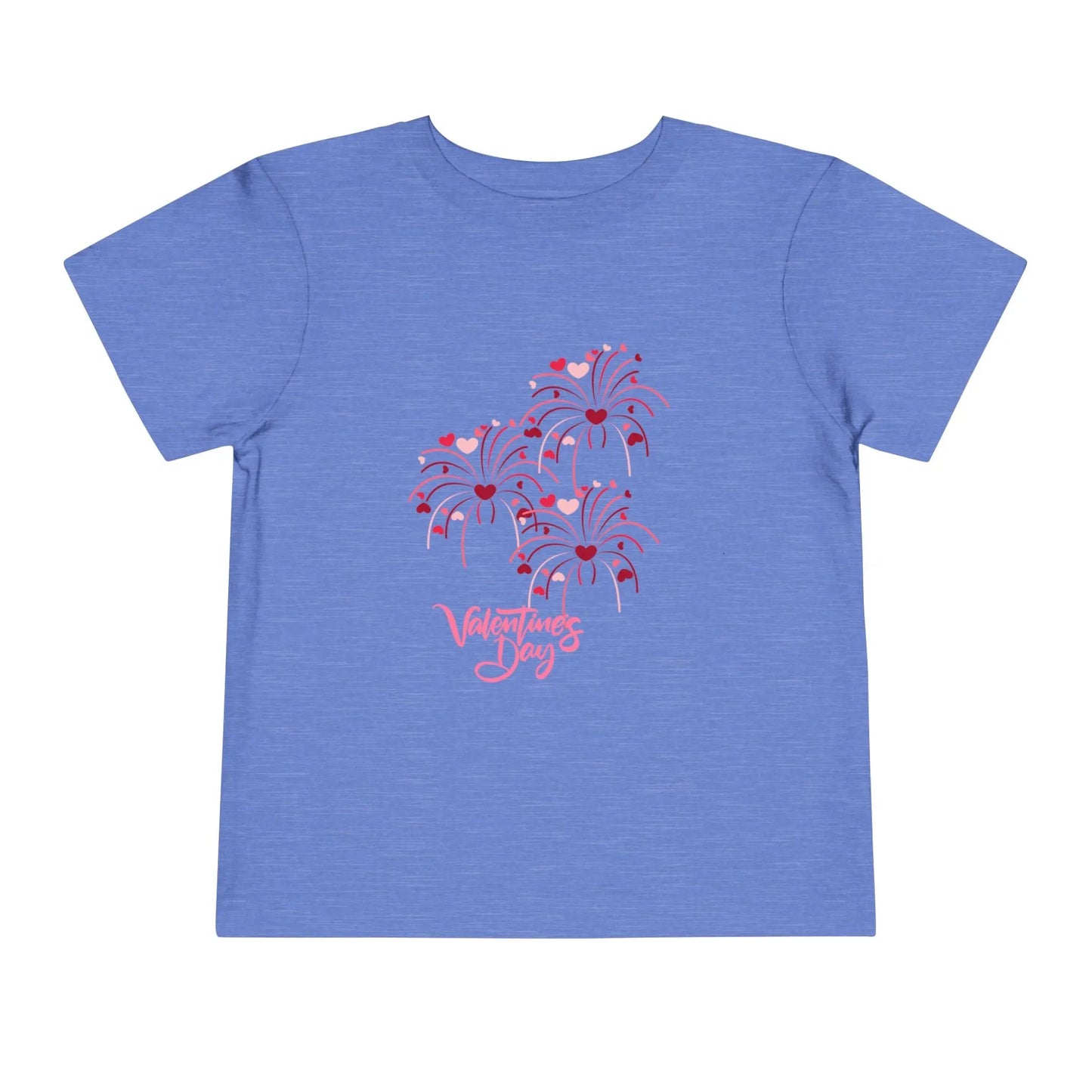 Soft cotton toddler tee with pink and red heart-firing flowers and Happy Valentine's Day badge. Perfect for Valentine's celebrations. Sizes 2T-5T.
Heather Columbia Blue