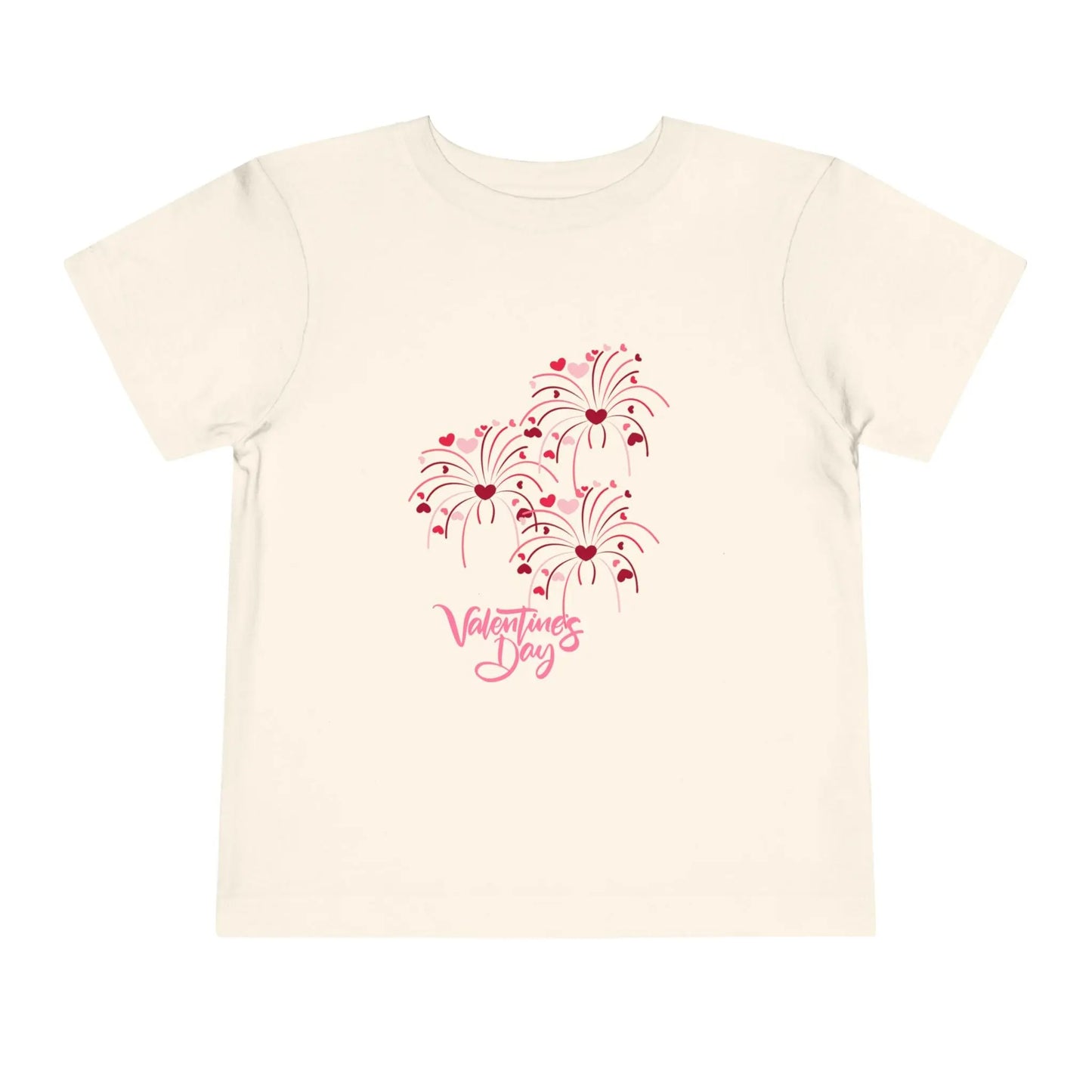Soft cotton toddler tee with pink and red heart-firing flowers and Happy Valentine's Day badge. Perfect for Valentine's celebrations. Sizes 2T-5T.
Natural