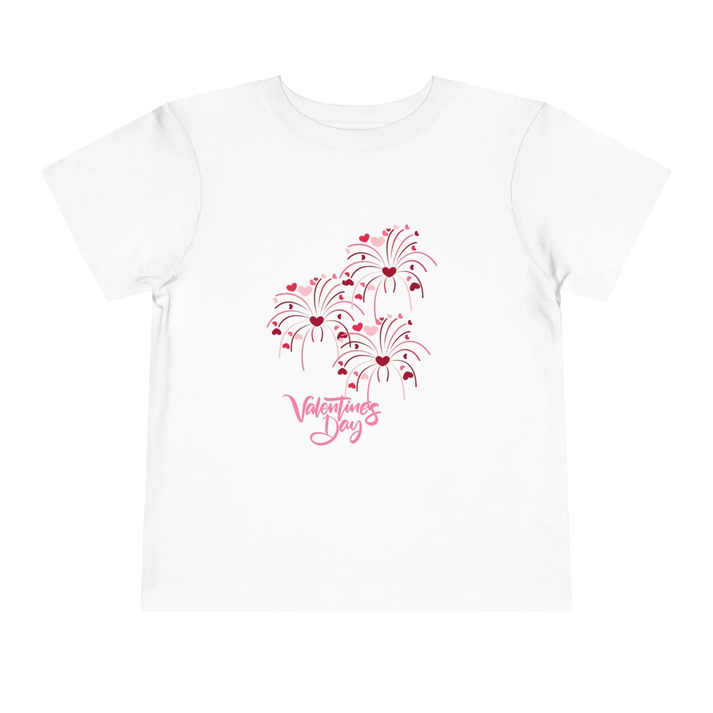 Soft cotton toddler tee with pink and red heart-firing flowers and Happy Valentine's Day badge. Perfect for Valentine's celebrations. Sizes 2T-5T.
White