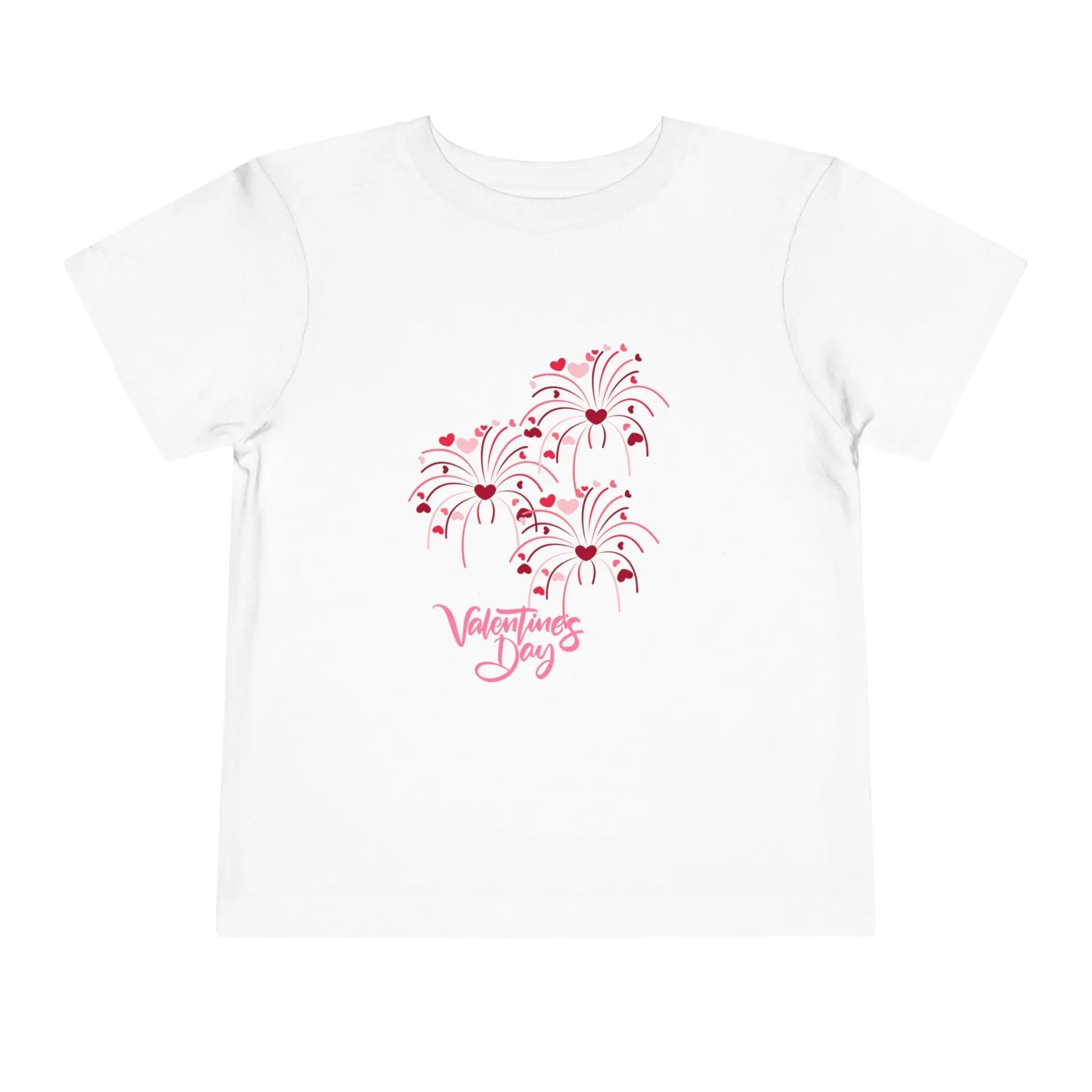 Soft cotton toddler tee with pink and red heart-firing flowers and Happy Valentine's Day badge. Perfect for Valentine's celebrations. Sizes 2T-5T.
White