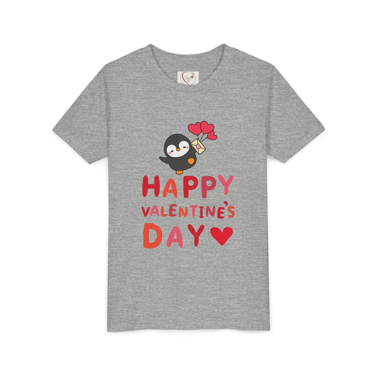 Adorable Valentine's Day youth tee featuring a cute penguin with pink hearts. Unique, fun design perfect for school parties & spreading love.
Athletic Heather