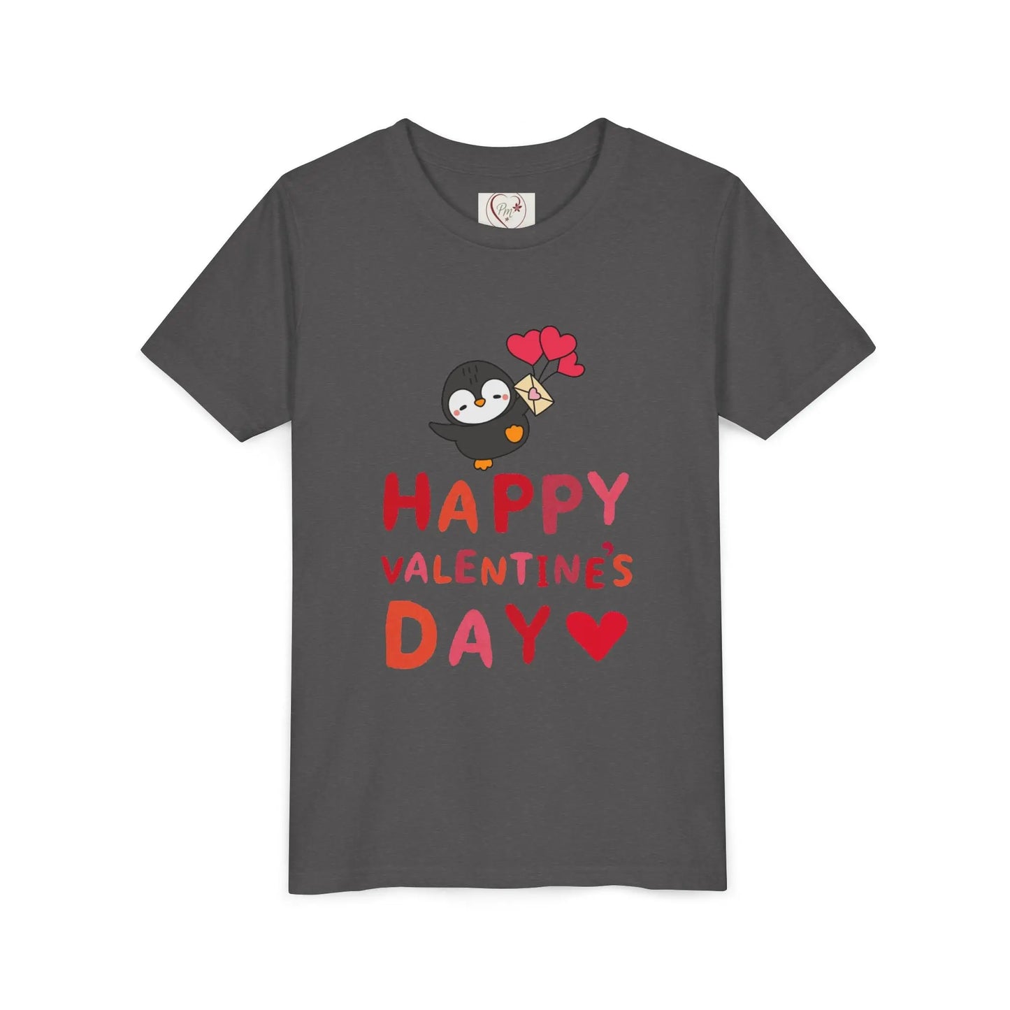 Adorable Valentine's Day youth tee featuring a cute penguin with pink hearts. Unique, fun design perfect for school parties & spreading love.
Dark Heather Grey