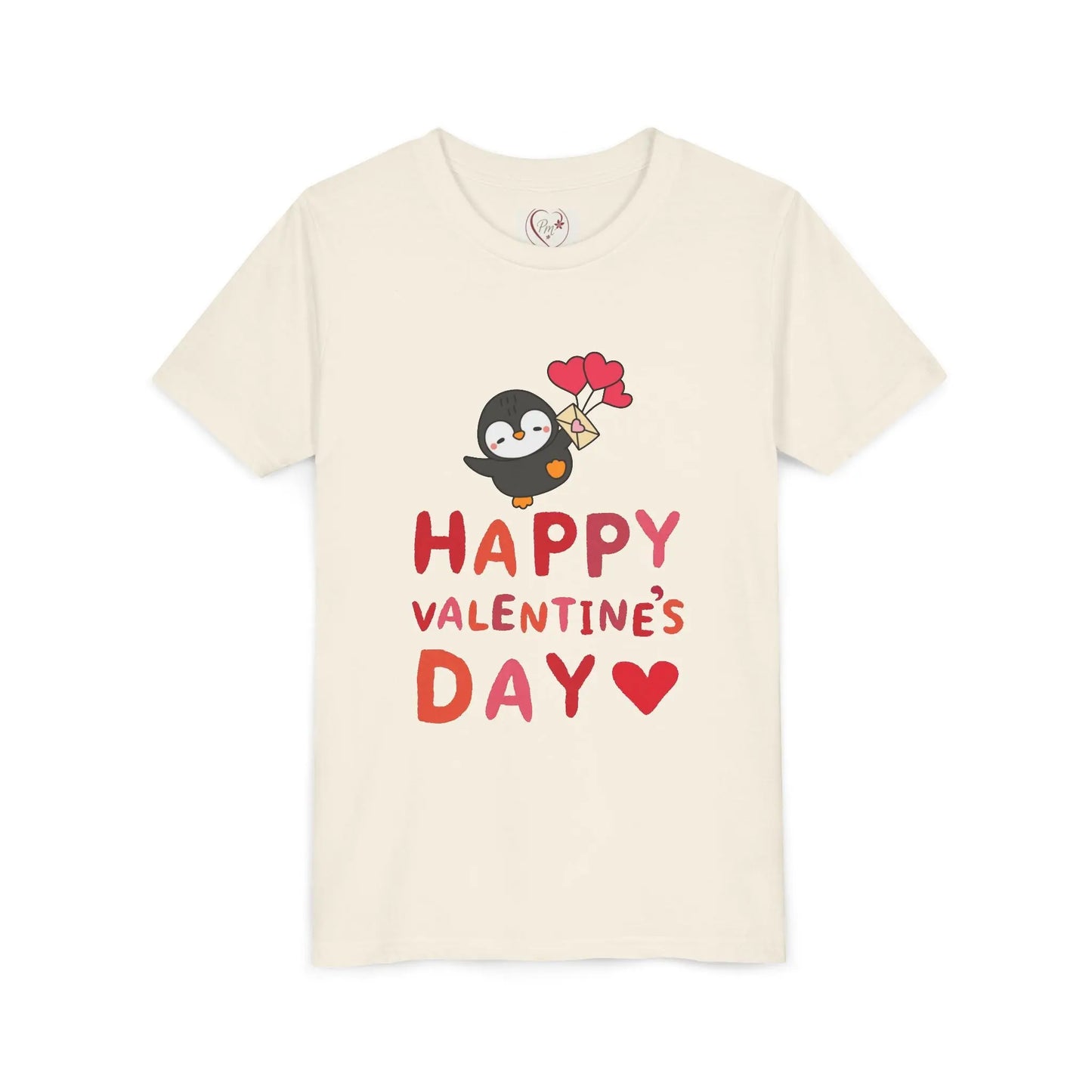 Adorable Valentine's Day youth tee featuring a cute penguin with pink hearts. Unique, fun design perfect for school parties & spreading love.
Natural
