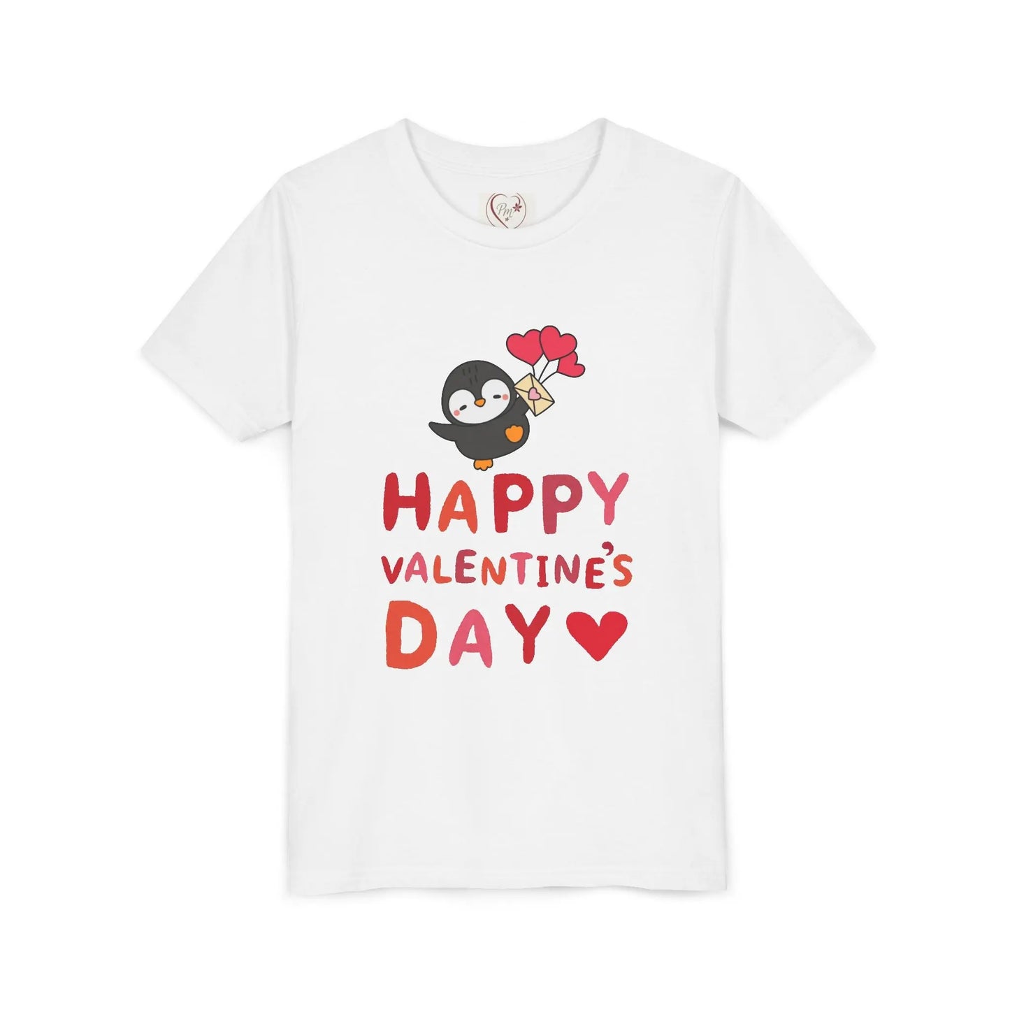 Adorable Valentine's Day youth tee featuring a cute penguin with pink hearts. Unique, fun design perfect for school parties & spreading love.
White