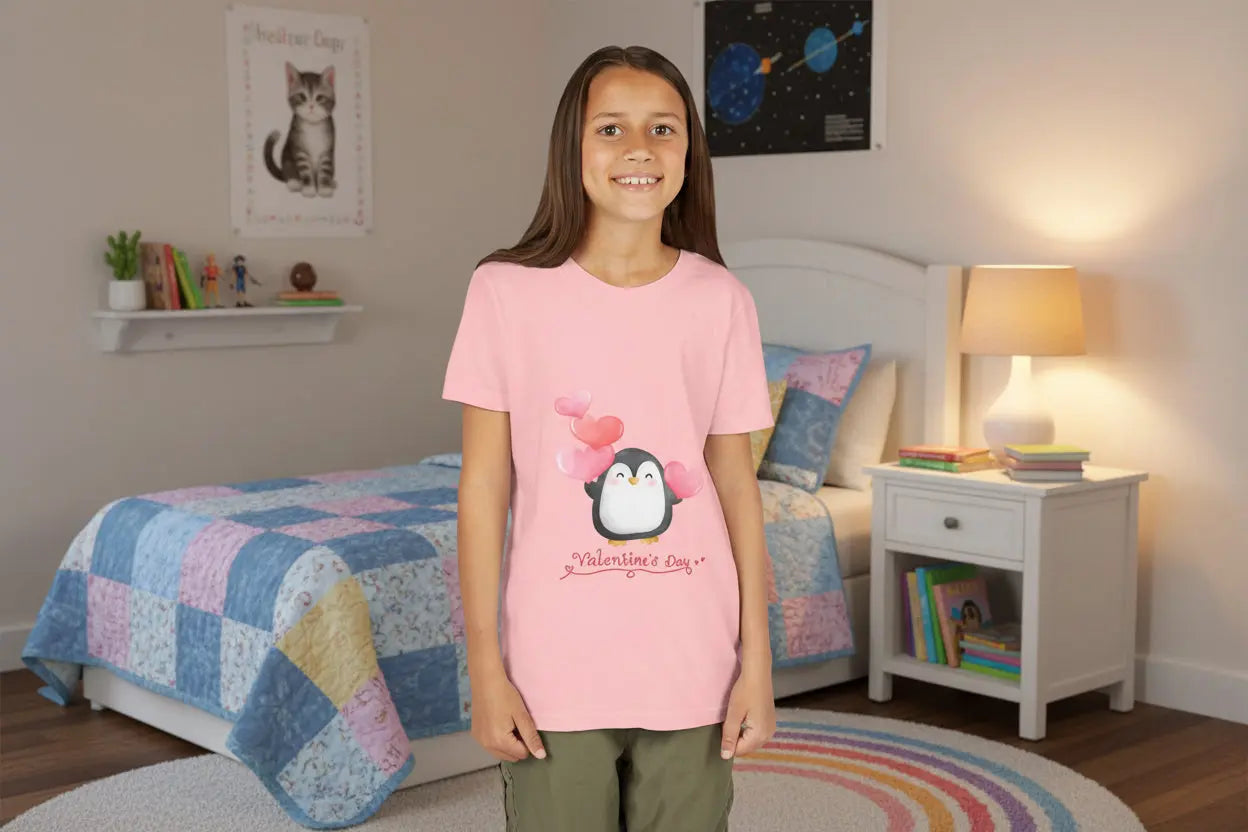 Youth wearing Valentine's Day tee with watercolor penguin and blush hearts, Pink
