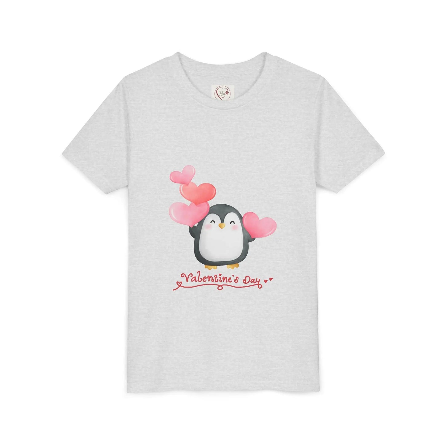 Soft cotton youth tee with watercolor penguin and blush hearts. Perfect for Valentine's Day celebrations and spreading love. Sizes S-XL. Ash