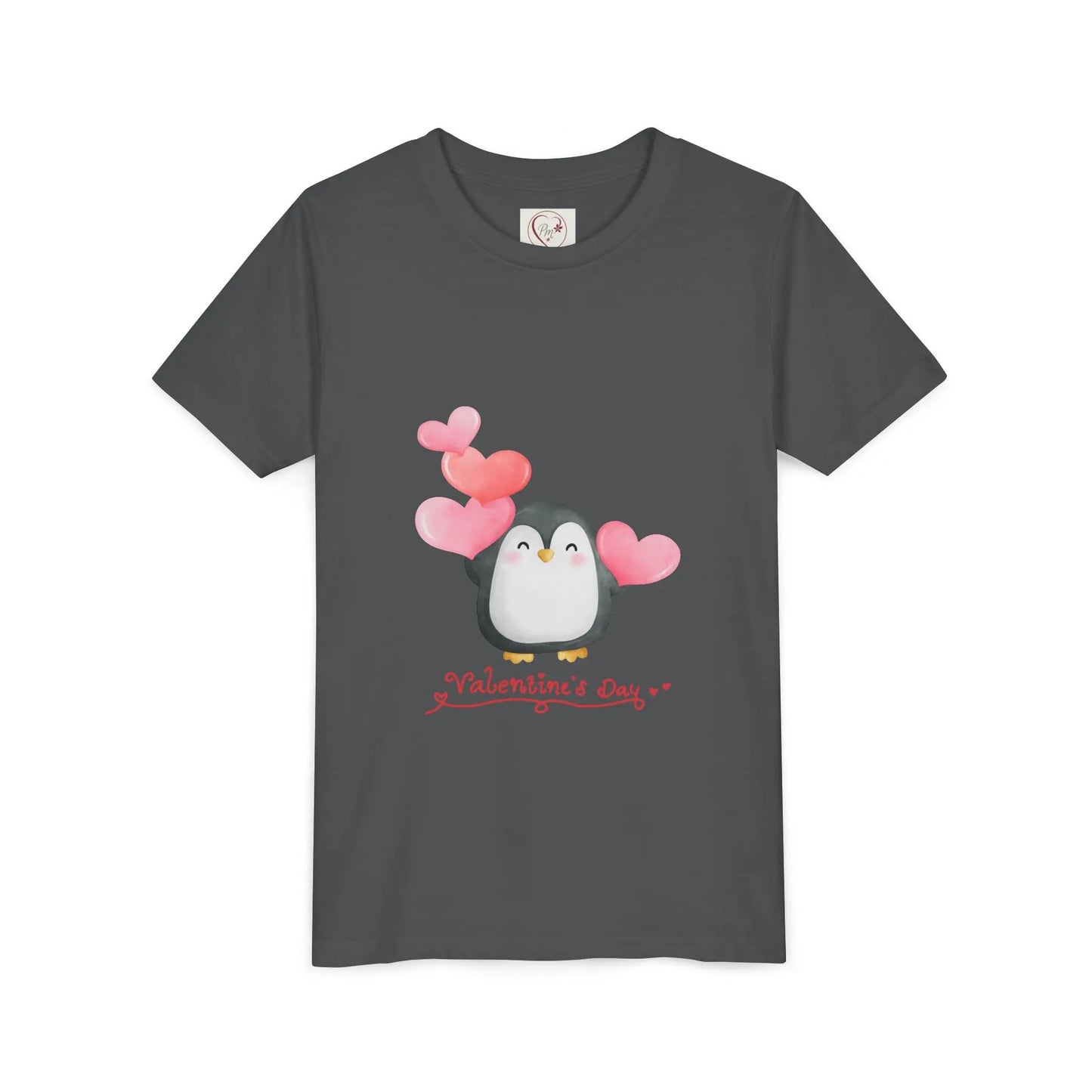 Soft cotton youth tee with watercolor penguin and blush hearts. Perfect for Valentine's Day celebrations and spreading love. Sizes S-XL. Asphalt