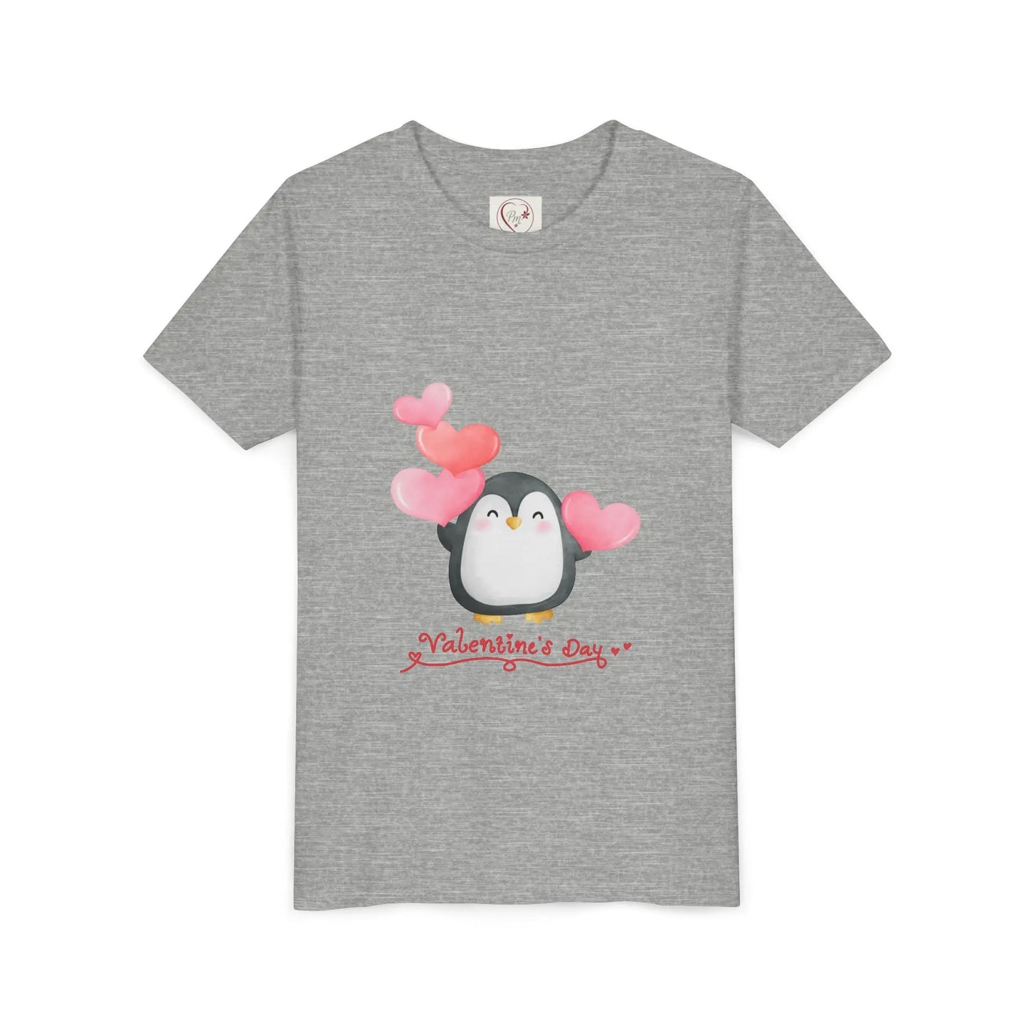 Soft cotton youth tee with watercolor penguin and blush hearts. Perfect for Valentine's Day celebrations and spreading love. Sizes S-XL. Athletic Heather