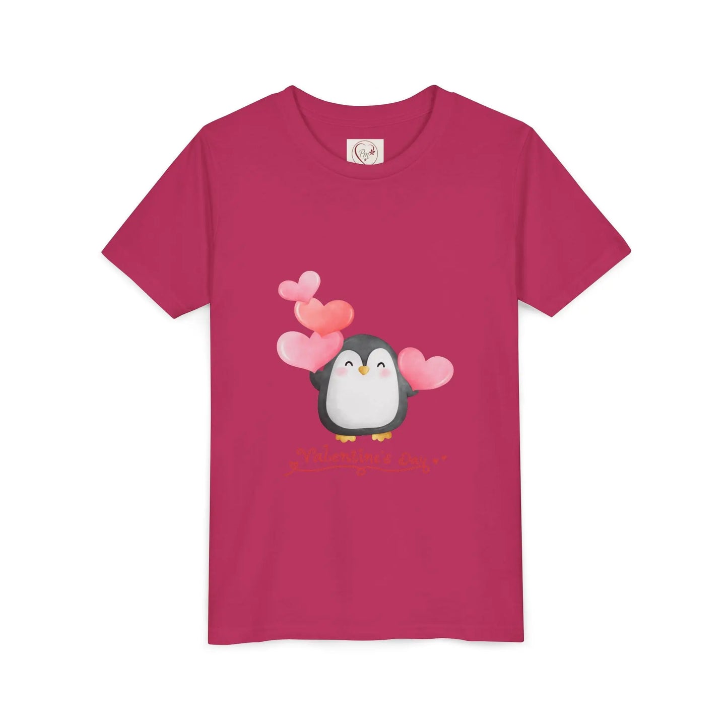 Soft cotton youth tee with watercolor penguin and blush hearts. Perfect for Valentine's Day celebrations and spreading love. Sizes S-XL. Berry