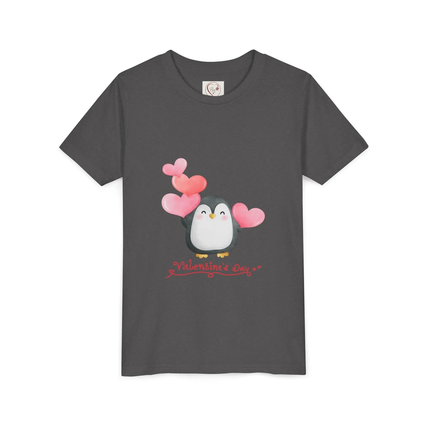 Soft cotton youth tee with watercolor penguin and blush hearts. Perfect for Valentine's Day celebrations and spreading love. Sizes S-XL. Dark Heather Grey
