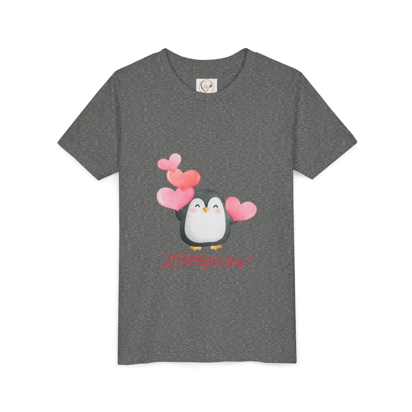 Soft cotton youth tee with watercolor penguin and blush hearts. Perfect for Valentine's Day celebrations and spreading love. Sizes S-XL. Deep Heather