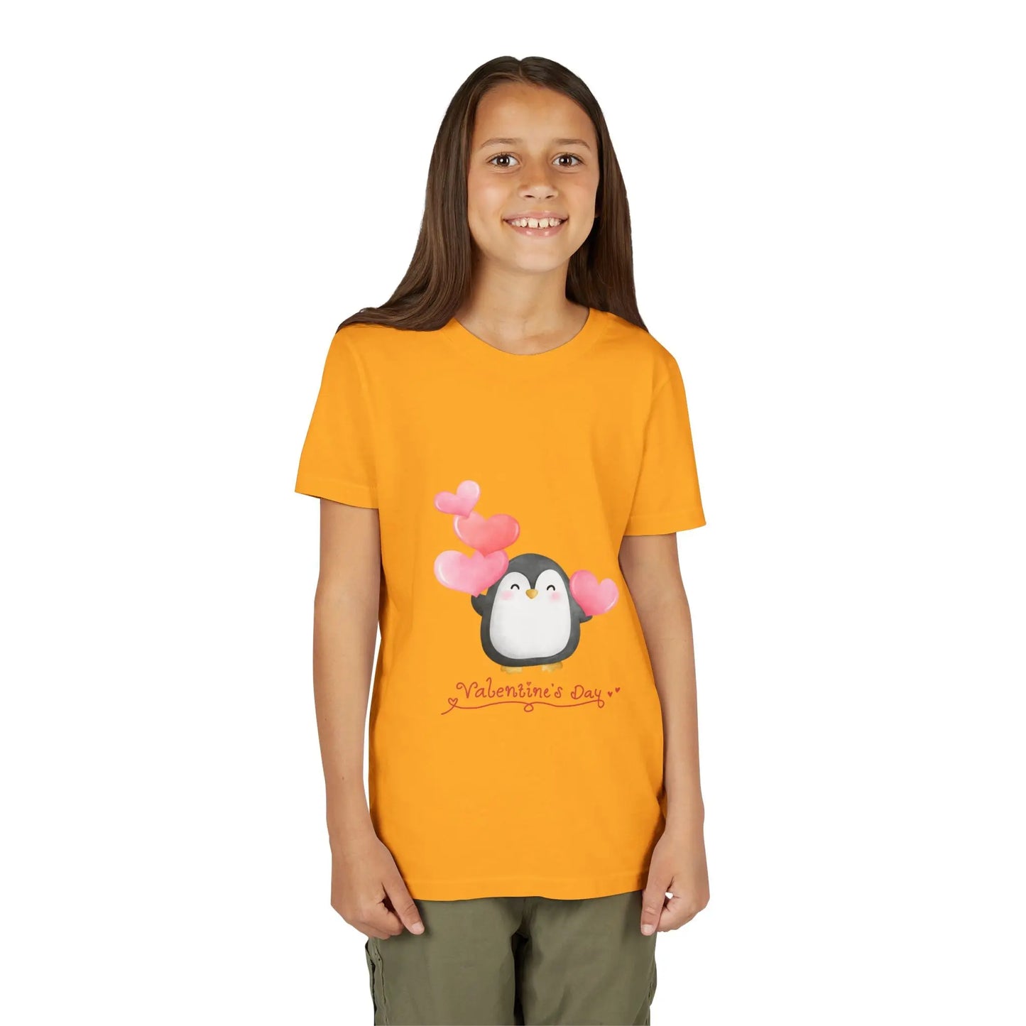 Soft cotton youth tee with watercolor penguin and blush hearts. Perfect for Valentine's Day celebrations and spreading love. Sizes S-XL. Gold