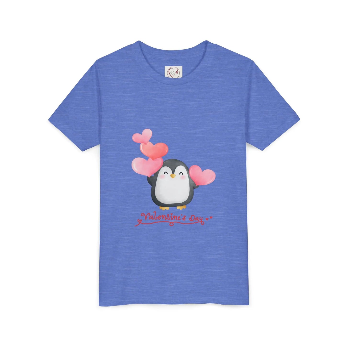 Soft cotton youth tee with watercolor penguin and blush hearts. Perfect for Valentine's Day celebrations and spreading love. Sizes S-XL. Heather Columbia Blue